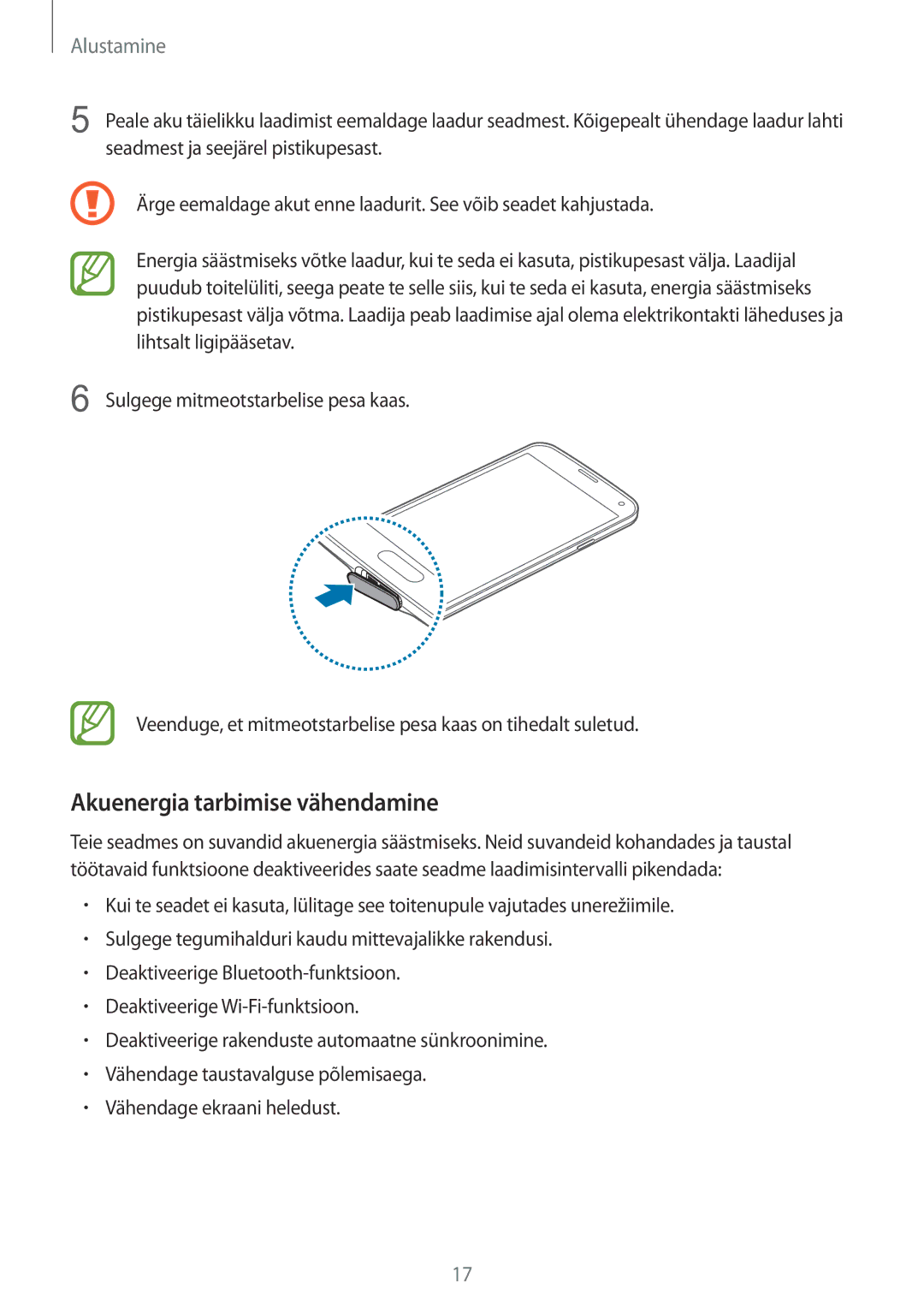 Samsung SM-G900FZWASEB, SM-G900FZDASEB, SM-G900FZKASEB, SM-G900FZBASEB manual Akuenergia tarbimise vähendamine 