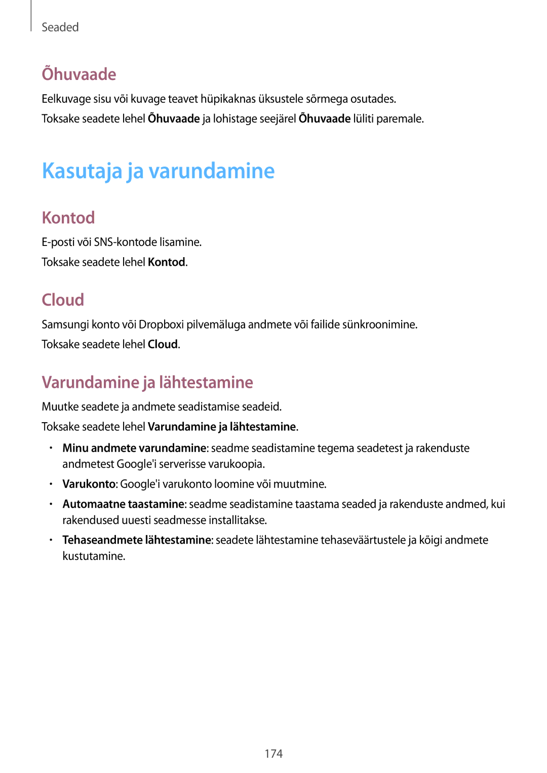 Samsung SM-G900FZKASEB, SM-G900FZDASEB manual Kasutaja ja varundamine, Õhuvaade, Kontod, Cloud, Varundamine ja lähtestamine 