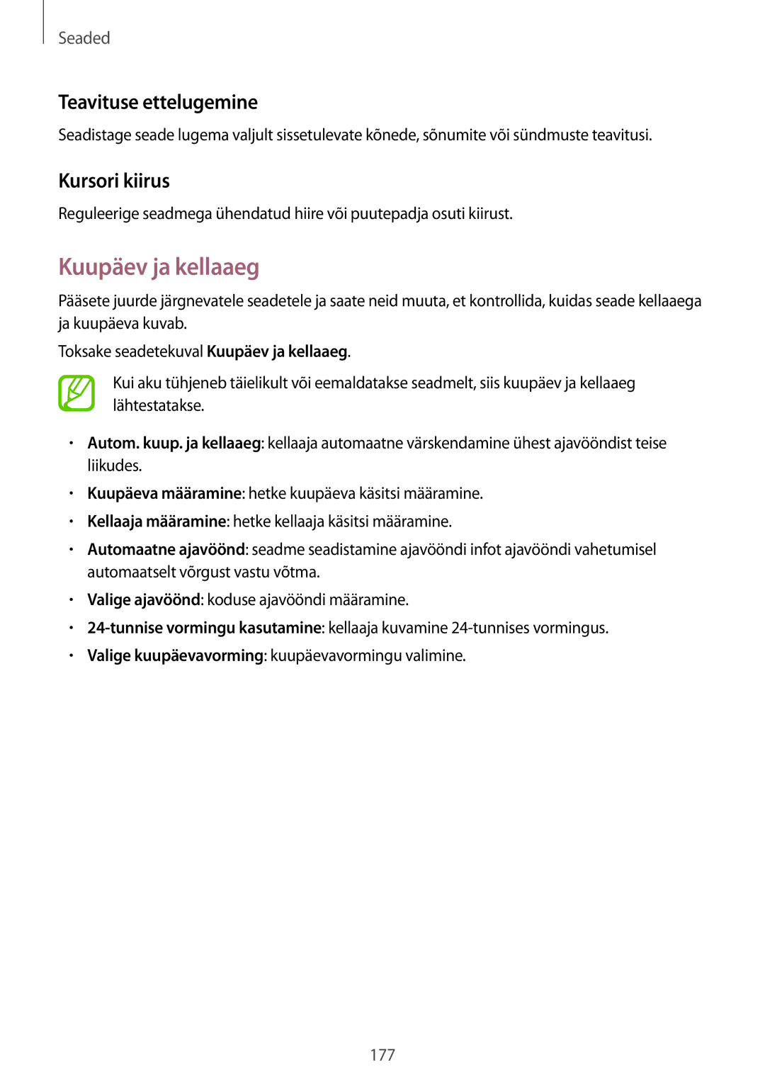 Samsung SM-G900FZWASEB, SM-G900FZDASEB, SM-G900FZKASEB manual Kuupäev ja kellaaeg, Teavituse ettelugemine, Kursori kiirus 