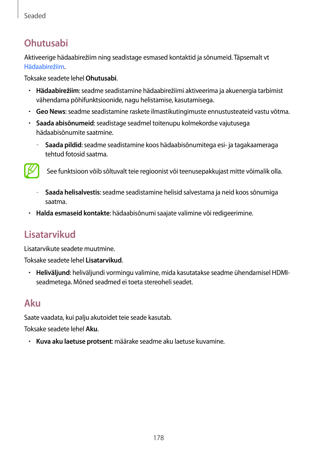 Samsung SM-G900FZKASEB, SM-G900FZDASEB, SM-G900FZWASEB, SM-G900FZBASEB manual Ohutusabi, Lisatarvikud, Aku 