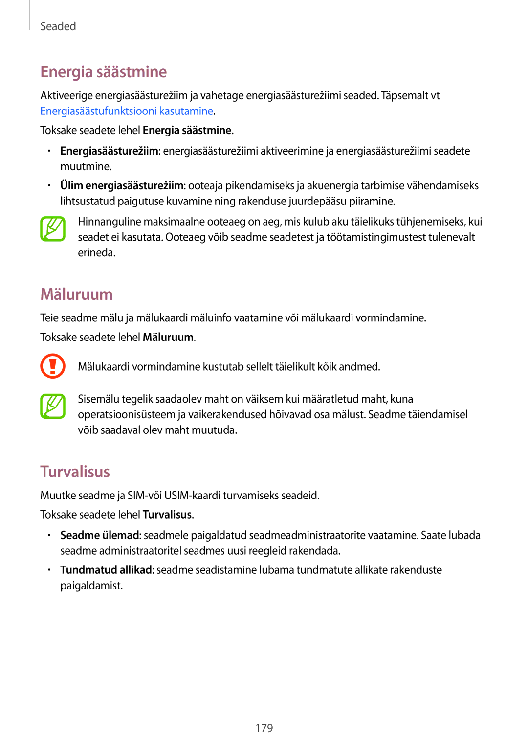 Samsung SM-G900FZBASEB, SM-G900FZDASEB, SM-G900FZWASEB, SM-G900FZKASEB manual Energia säästmine, Mäluruum, Turvalisus 