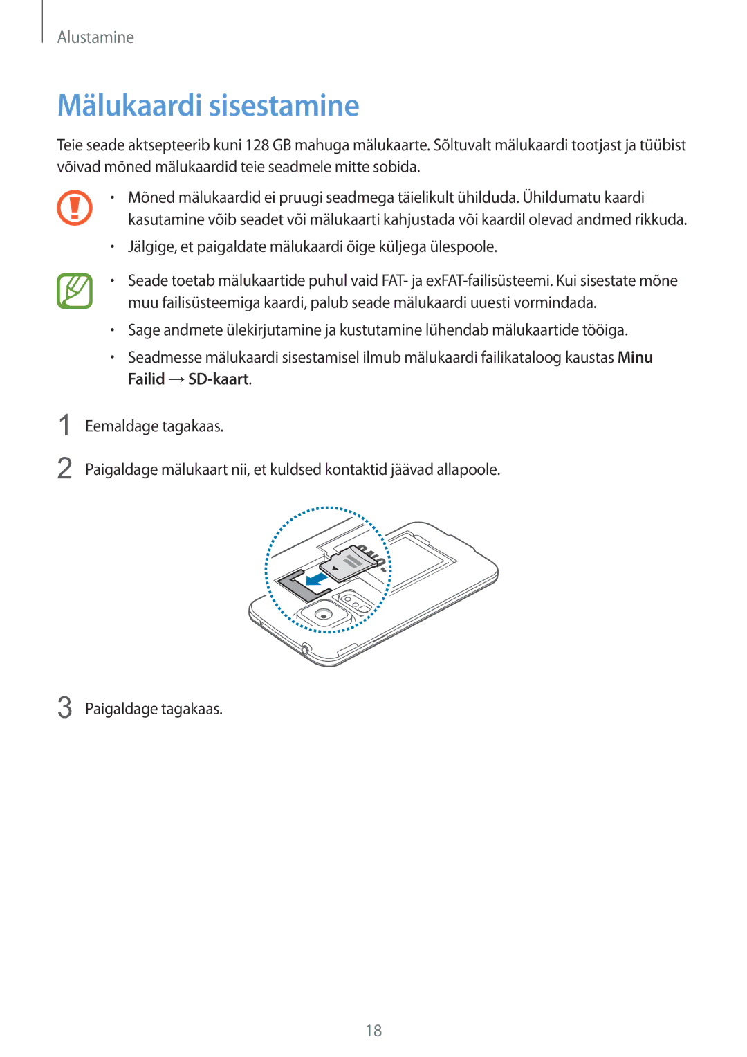 Samsung SM-G900FZKASEB, SM-G900FZDASEB, SM-G900FZWASEB, SM-G900FZBASEB manual Mälukaardi sisestamine 