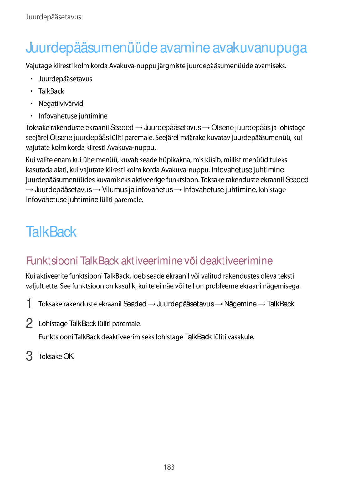 Samsung SM-G900FZBASEB, SM-G900FZDASEB, SM-G900FZWASEB manual Funktsiooni TalkBack aktiveerimine või deaktiveerimine 