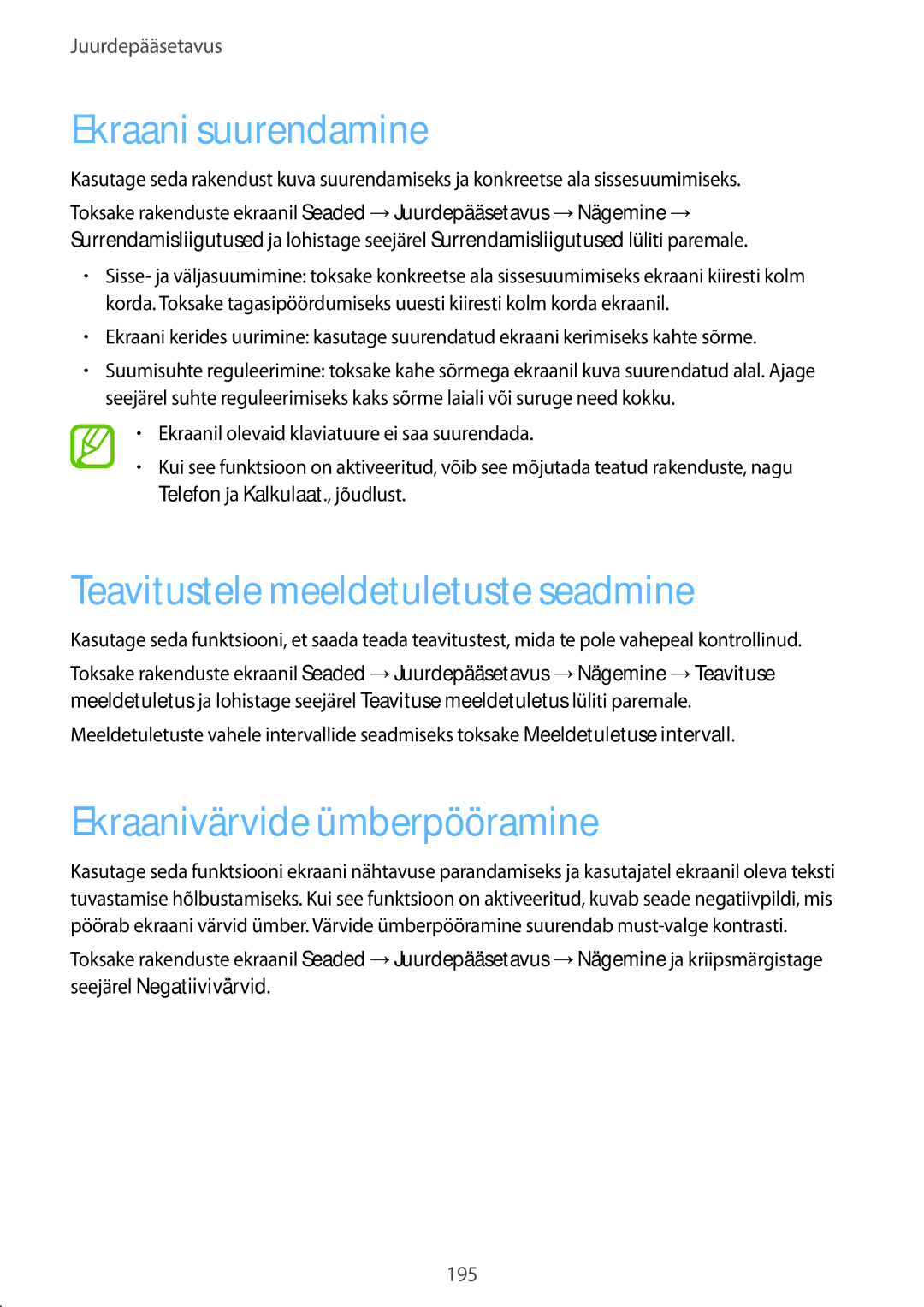 Samsung SM-G900FZBASEB manual Ekraani suurendamine, Teavitustele meeldetuletuste seadmine, Ekraanivärvide ümberpööramine 