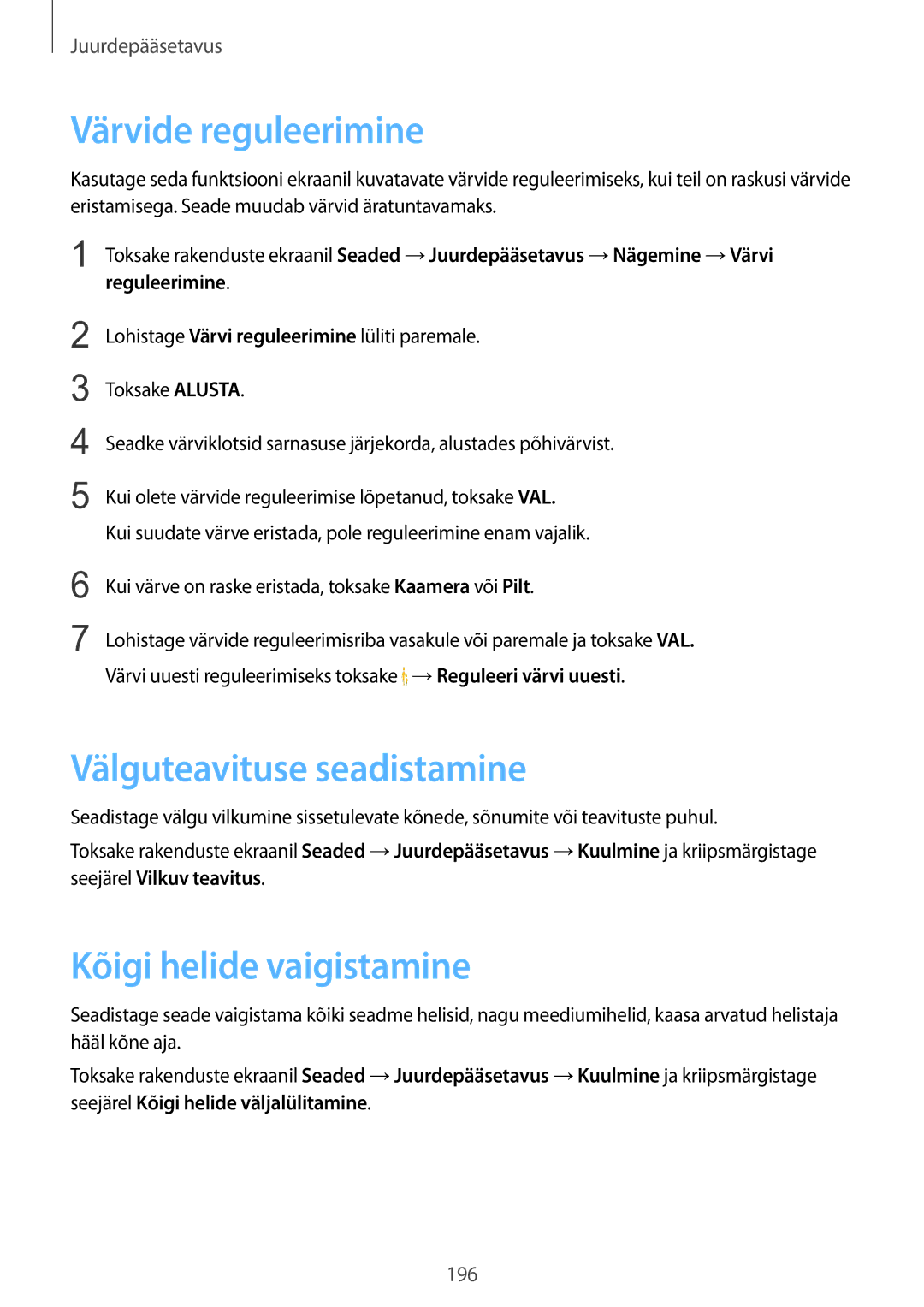 Samsung SM-G900FZDASEB manual Värvide reguleerimine, Välguteavituse seadistamine, Kõigi helide vaigistamine, Reguleerimine 