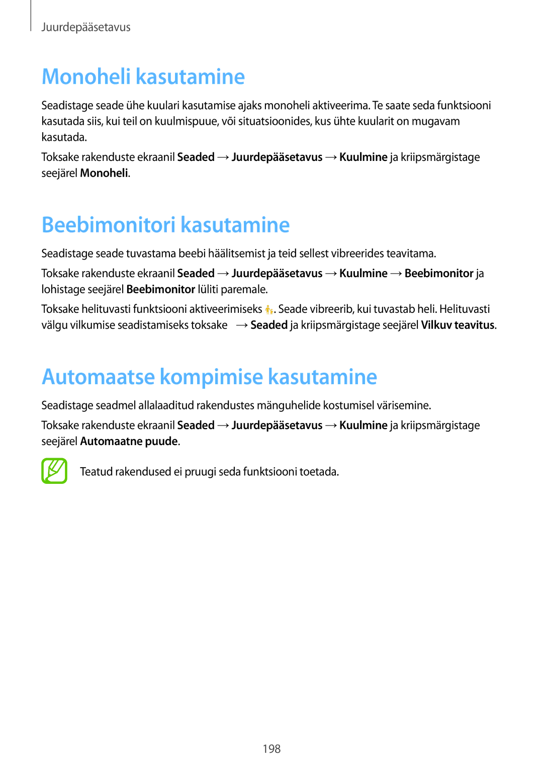 Samsung SM-G900FZKASEB, SM-G900FZDASEB manual Monoheli kasutamine, Beebimonitori kasutamine, Automaatse kompimise kasutamine 