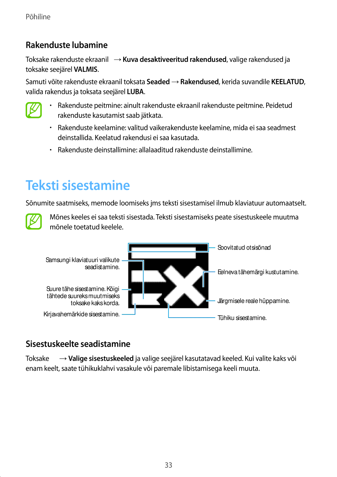 Samsung SM-G900FZWASEB, SM-G900FZDASEB, SM-G900FZKASEB Teksti sisestamine, Rakenduste lubamine, Sisestuskeelte seadistamine 