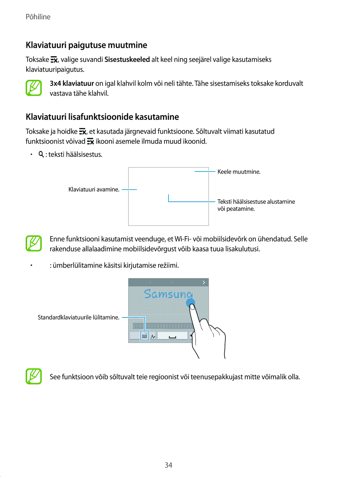 Samsung SM-G900FZKASEB, SM-G900FZDASEB manual Klaviatuuri paigutuse muutmine, Klaviatuuri lisafunktsioonide kasutamine 