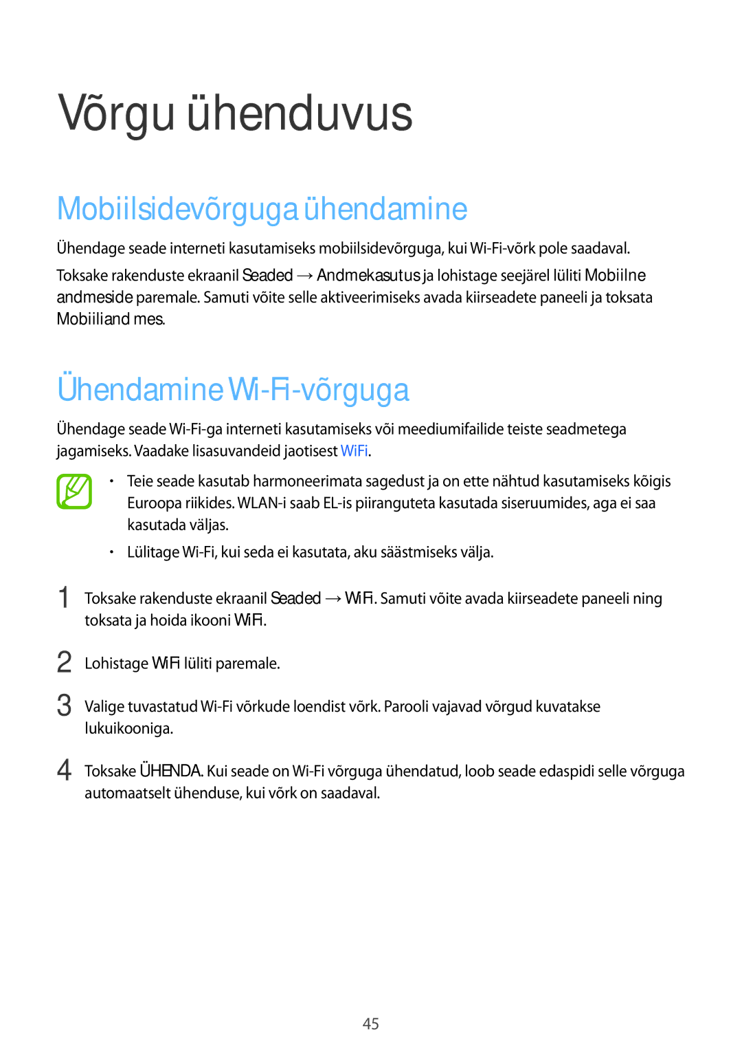 Samsung SM-G900FZWASEB manual Võrgu ühenduvus, Mobiilsidevõrguga ühendamine, Ühendamine Wi-Fi-võrguga, Mobiiliand mes 