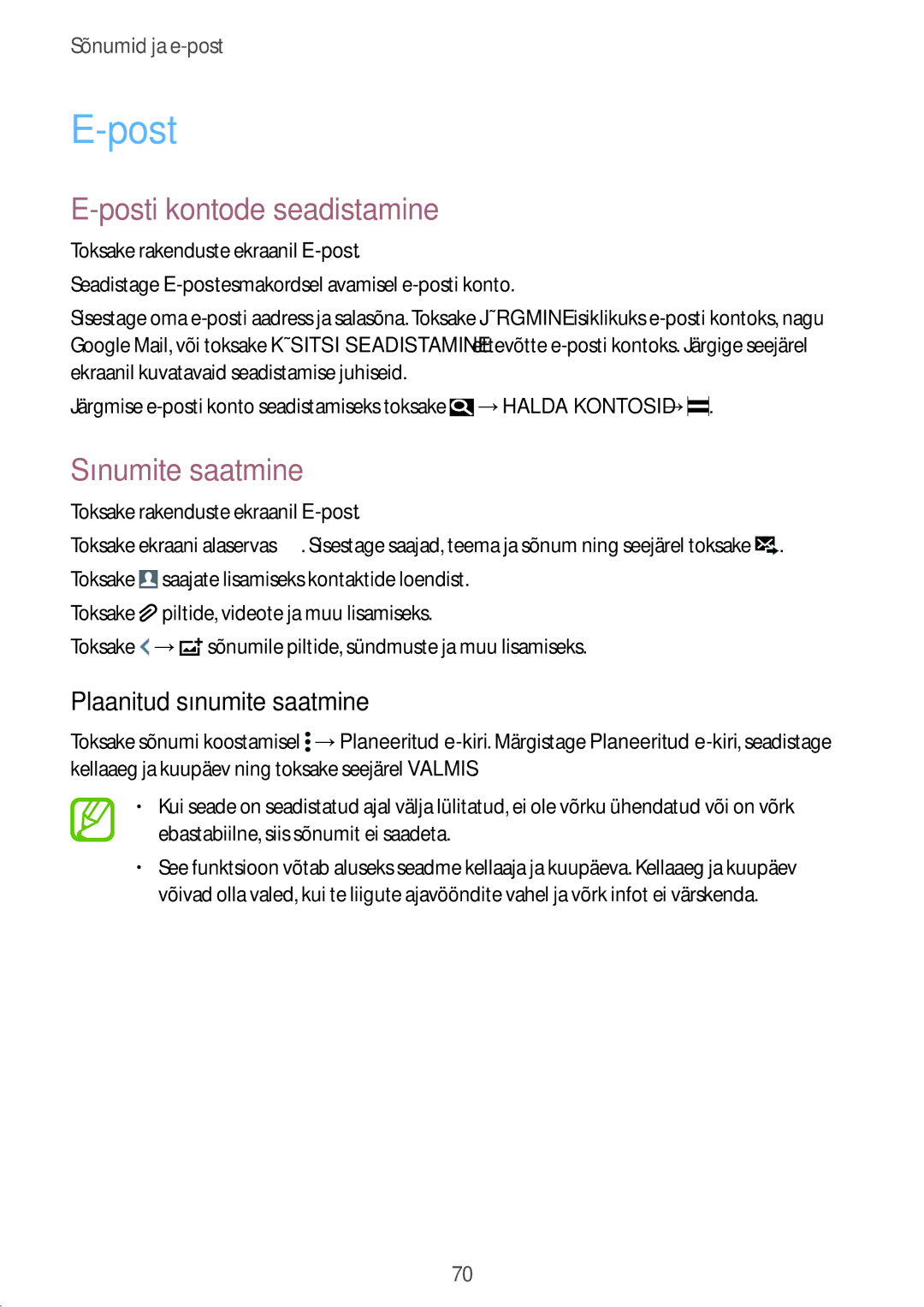 Samsung SM-G900FZKASEB, SM-G900FZDASEB, SM-G900FZWASEB, SM-G900FZBASEB manual Posti kontode seadistamine 