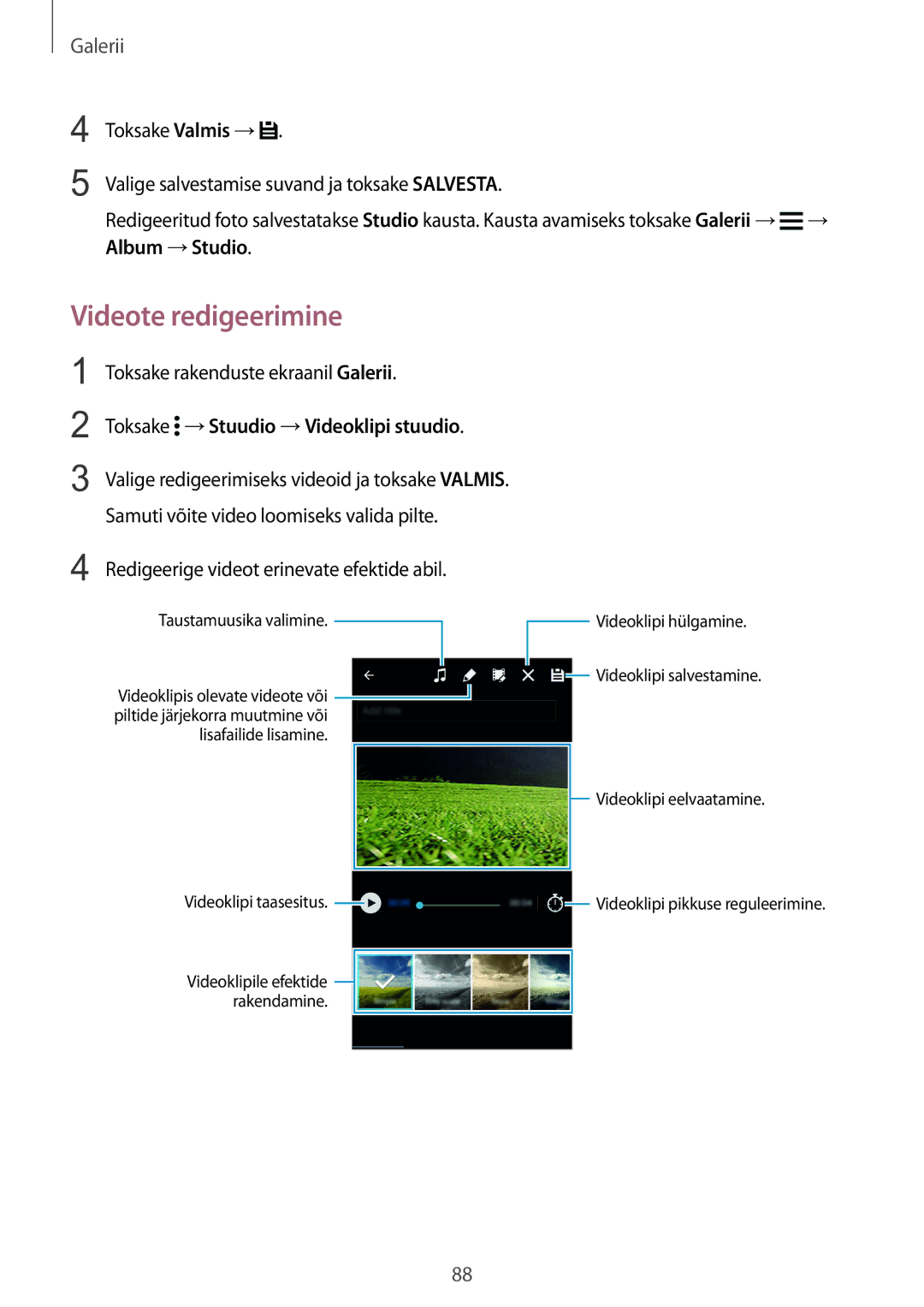 Samsung SM-G900FZDASEB, SM-G900FZWASEB, SM-G900FZKASEB manual Videote redigeerimine, Toksake →Stuudio →Videoklipi stuudio 