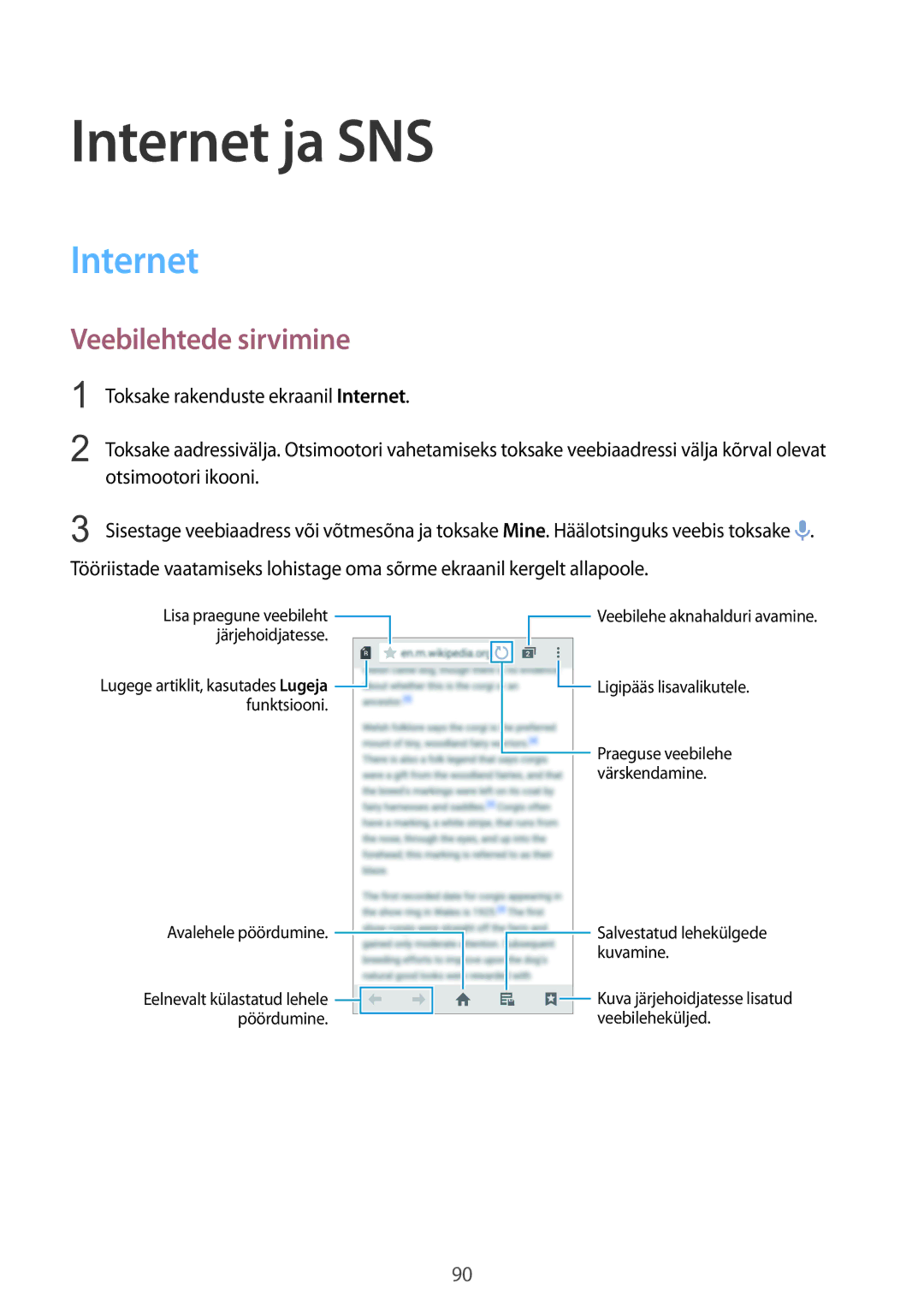 Samsung SM-G900FZKASEB, SM-G900FZDASEB, SM-G900FZWASEB, SM-G900FZBASEB manual Internet ja SNS, Veebilehtede sirvimine 