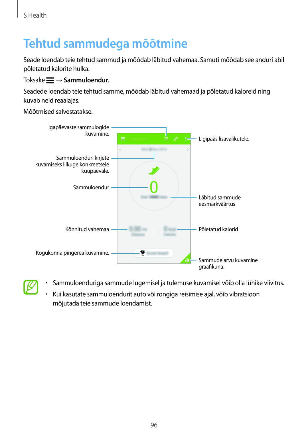 Samsung SM-G900FZDASEB, SM-G900FZWASEB, SM-G900FZKASEB, SM-G900FZBASEB manual Tehtud sammudega mõõtmine, Toksake →Sammuloendur 