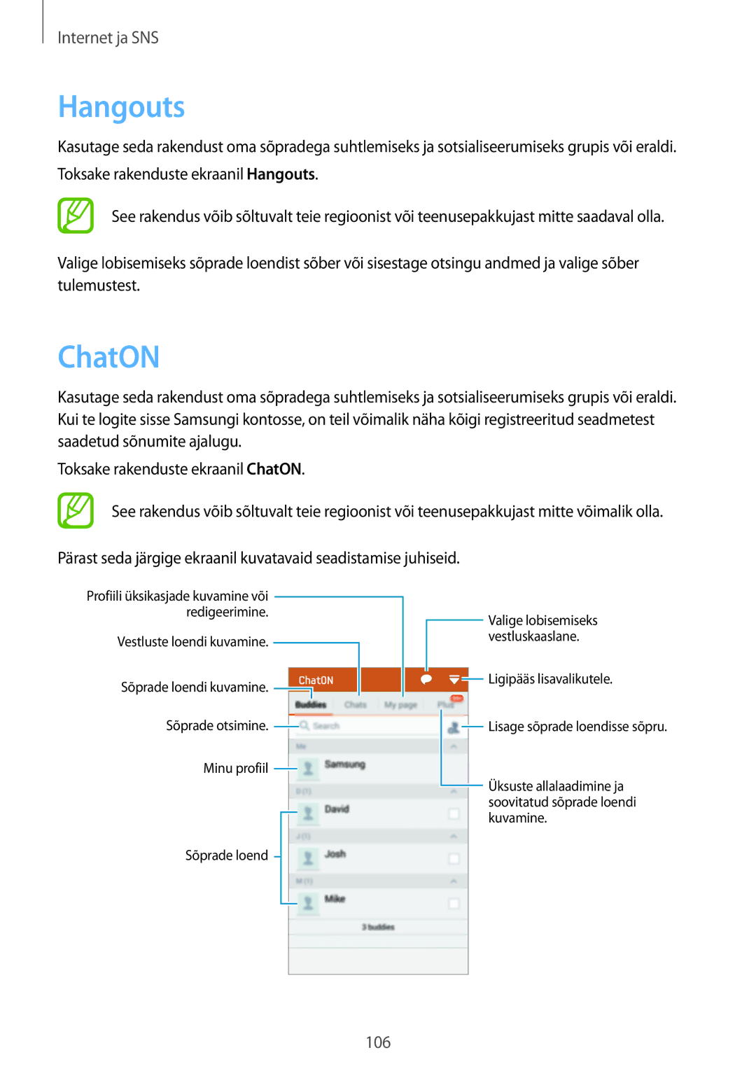 Samsung SM-G900FZKASEB, SM-G900FZDASEB, SM-G900FZWASEB, SM-G900FZBASEB manual Hangouts, ChatON 