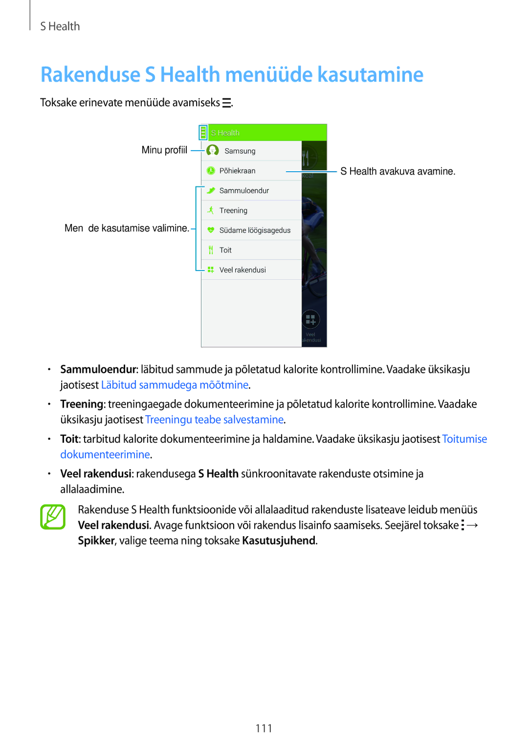 Samsung SM-G900FZBASEB, SM-G900FZDASEB manual Rakenduse S Health menüüde kasutamine, Toksake erinevate menüüde avamiseks 