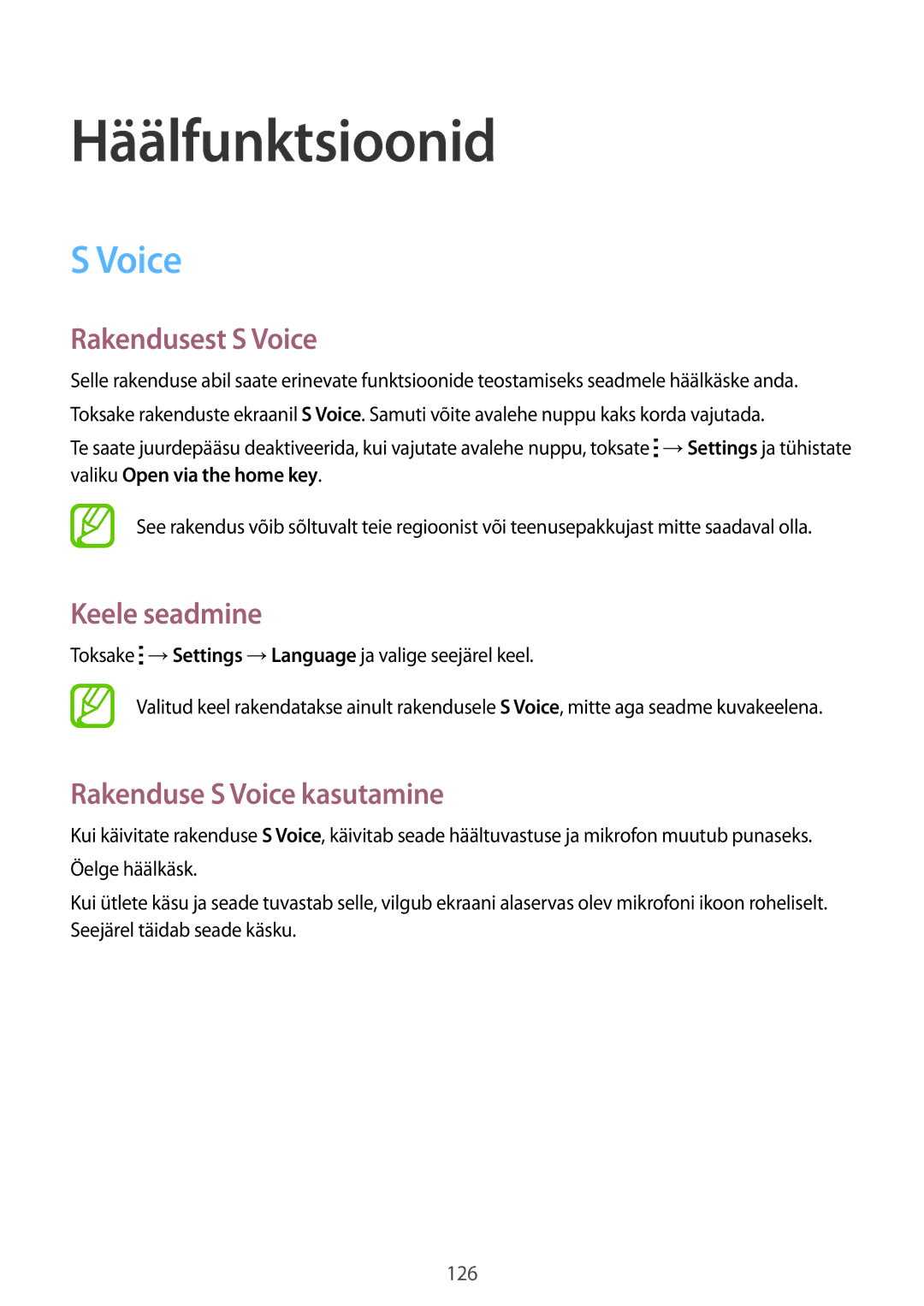 Samsung SM-G900FZKASEB manual Häälfunktsioonid, Rakendusest S Voice, Keele seadmine, Rakenduse S Voice kasutamine 