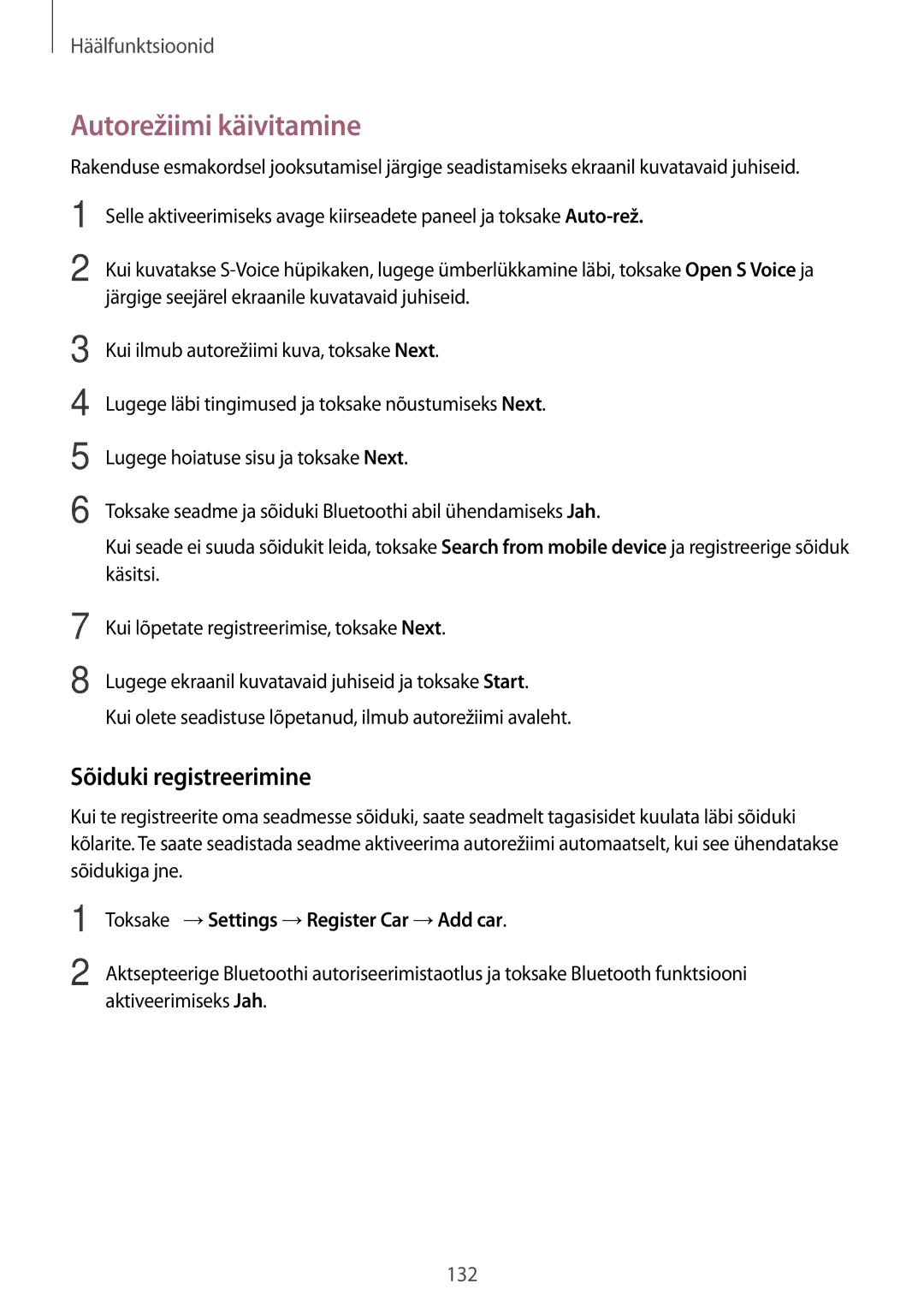 Samsung SM-G900FZDASEB manual Autorežiimi käivitamine, Sõiduki registreerimine, Toksake →Settings →Register Car →Add car 