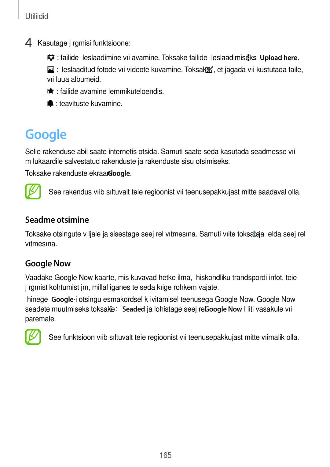 Samsung SM-G900FZWASEB, SM-G900FZDASEB, SM-G900FZKASEB manual Seadme otsimine, Google Now, Kasutage järgmisi funktsioone 