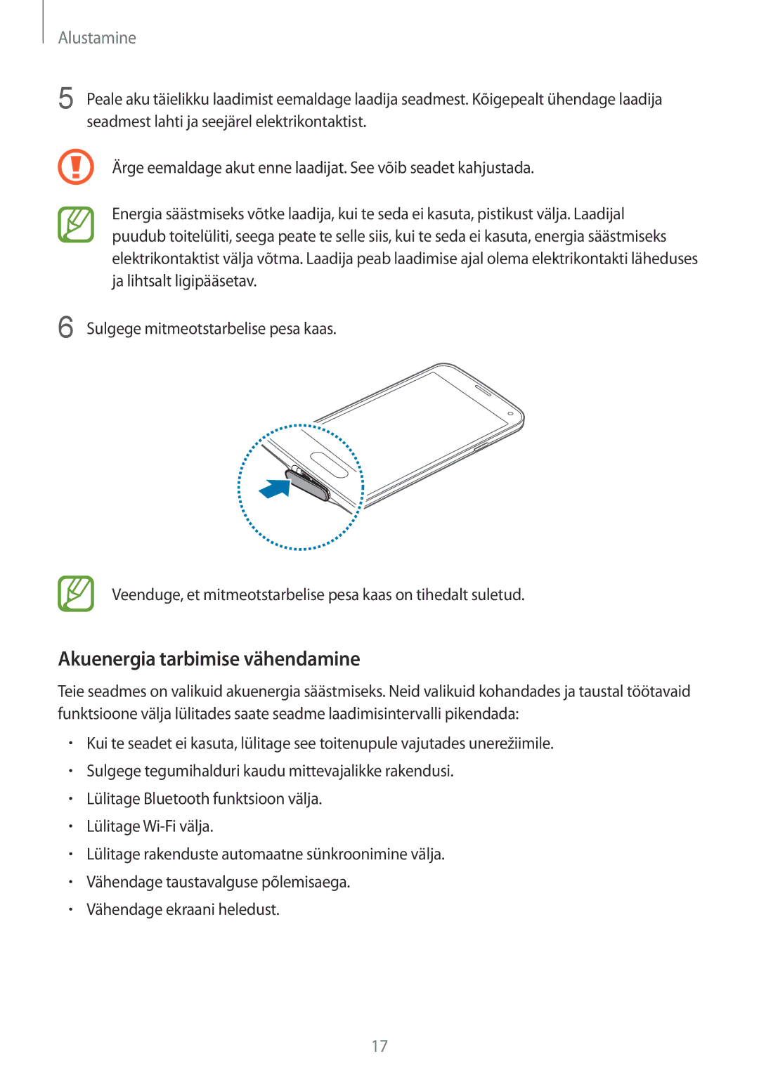 Samsung SM-G900FZWASEB, SM-G900FZDASEB, SM-G900FZKASEB, SM-G900FZBASEB manual Akuenergia tarbimise vähendamine 