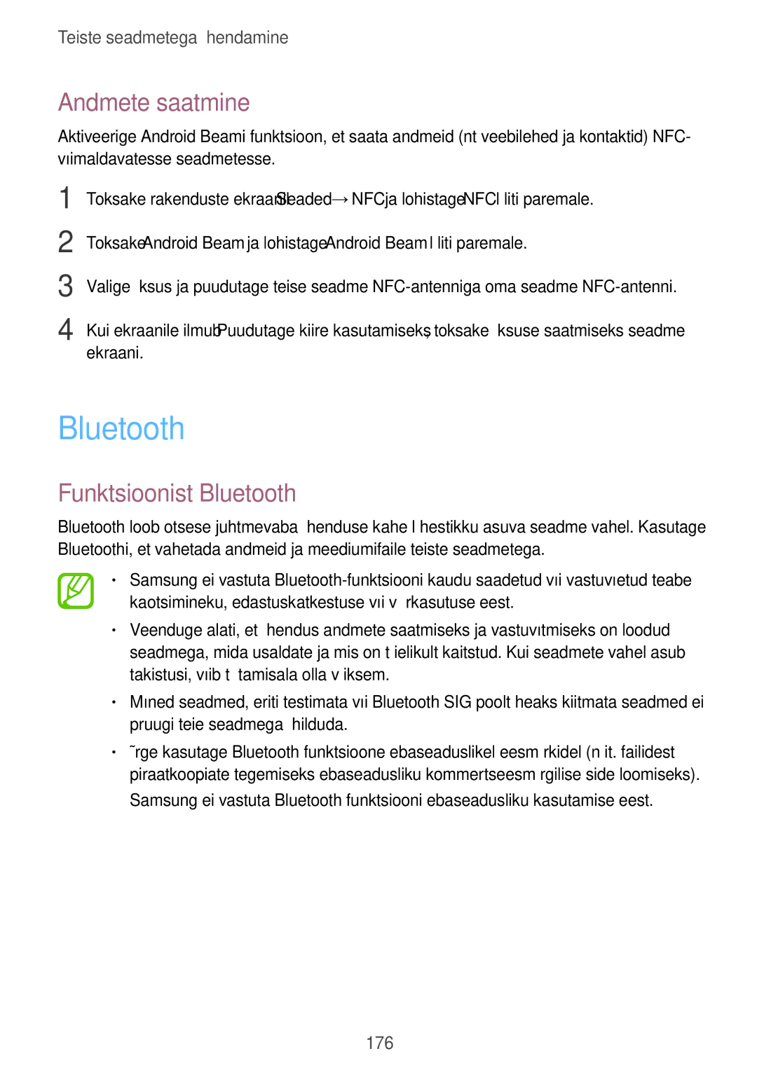 Samsung SM-G900FZDASEB, SM-G900FZWASEB, SM-G900FZKASEB, SM-G900FZBASEB manual Andmete saatmine, Funktsioonist Bluetooth 