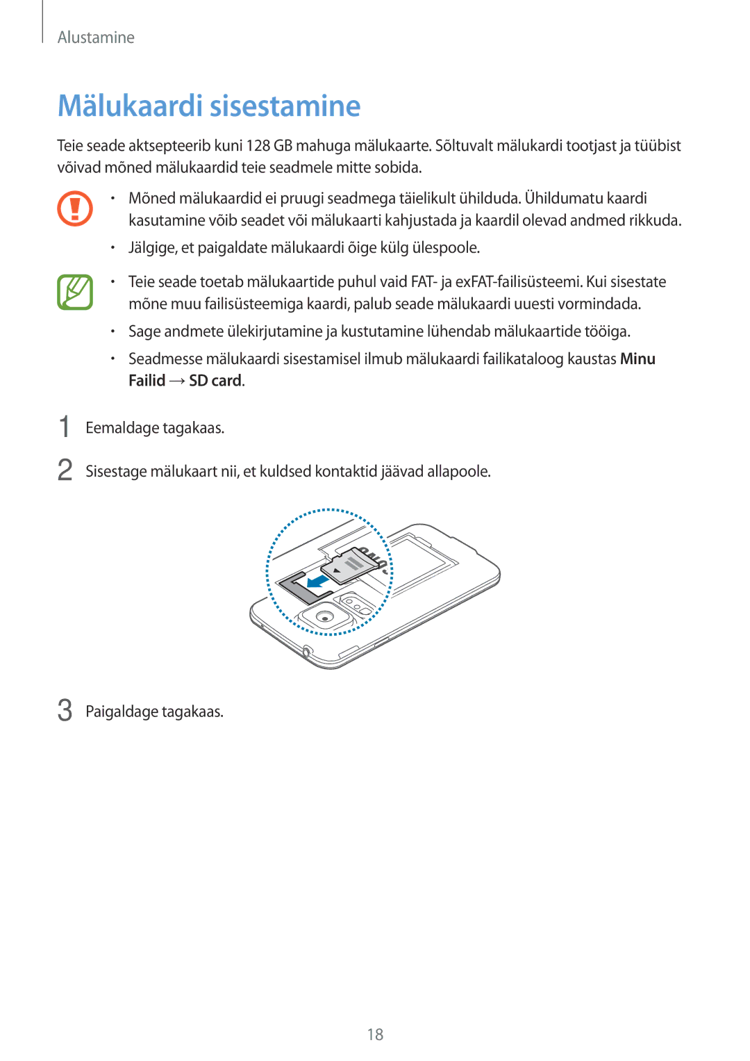 Samsung SM-G900FZKASEB, SM-G900FZDASEB, SM-G900FZWASEB, SM-G900FZBASEB manual Mälukaardi sisestamine 