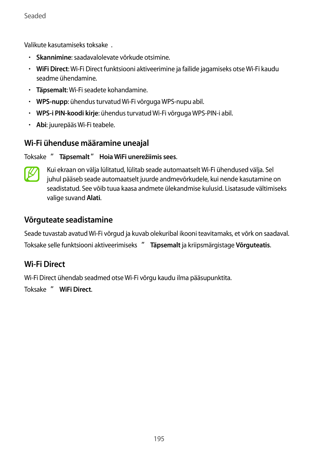 Samsung SM-G900FZBASEB manual Wi-Fi ühenduse määramine uneajal, Võrguteate seadistamine, Wi-Fi Direct, Toksake →WiFi Direct 