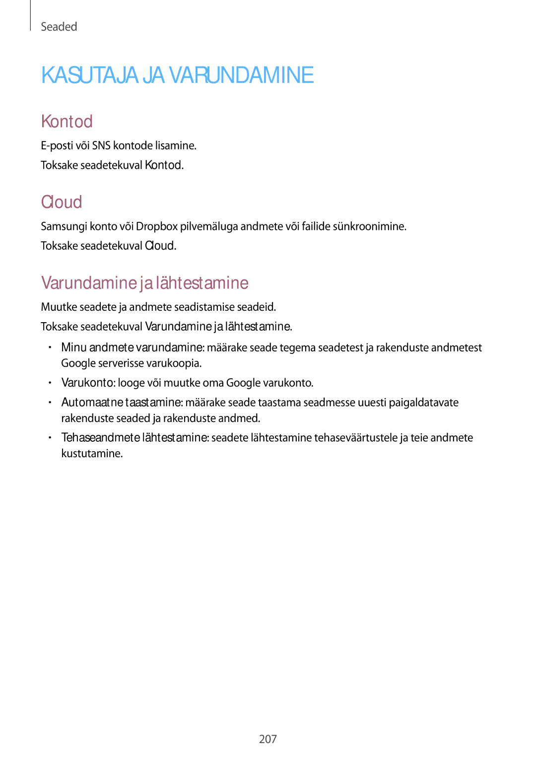 Samsung SM-G900FZBASEB, SM-G900FZDASEB, SM-G900FZWASEB Kontod, Cloud, Toksake seadetekuval Varundamine ja lähtestamine 