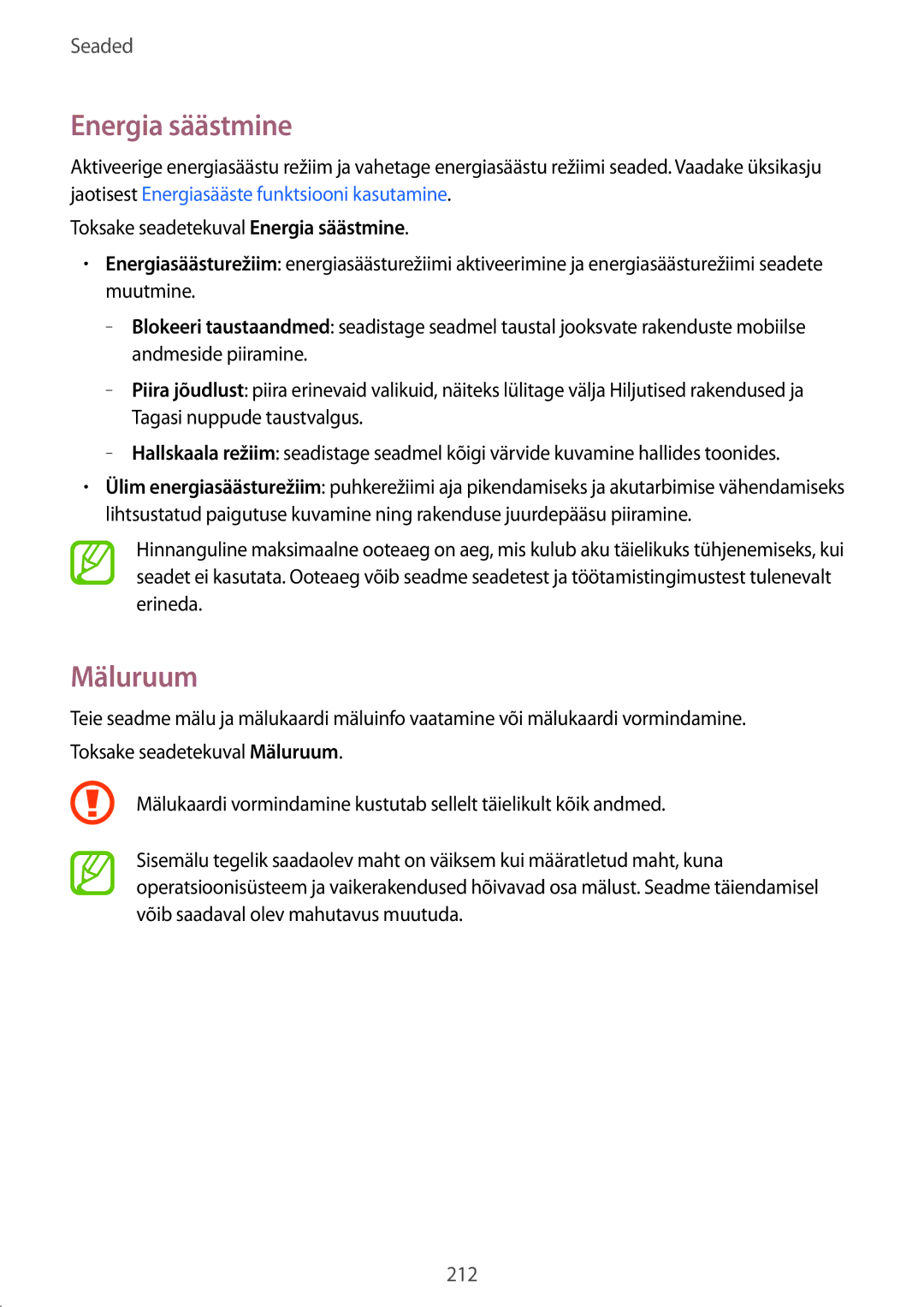 Samsung SM-G900FZDASEB, SM-G900FZWASEB, SM-G900FZKASEB, SM-G900FZBASEB manual Energia säästmine, Mäluruum 