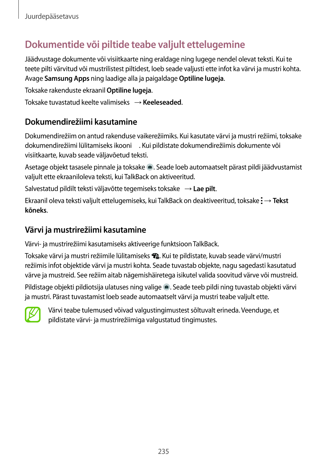 Samsung SM-G900FZBASEB manual Dokumentide või piltide teabe valjult ettelugemine, Dokumendirežiimi kasutamine, Kõneks 