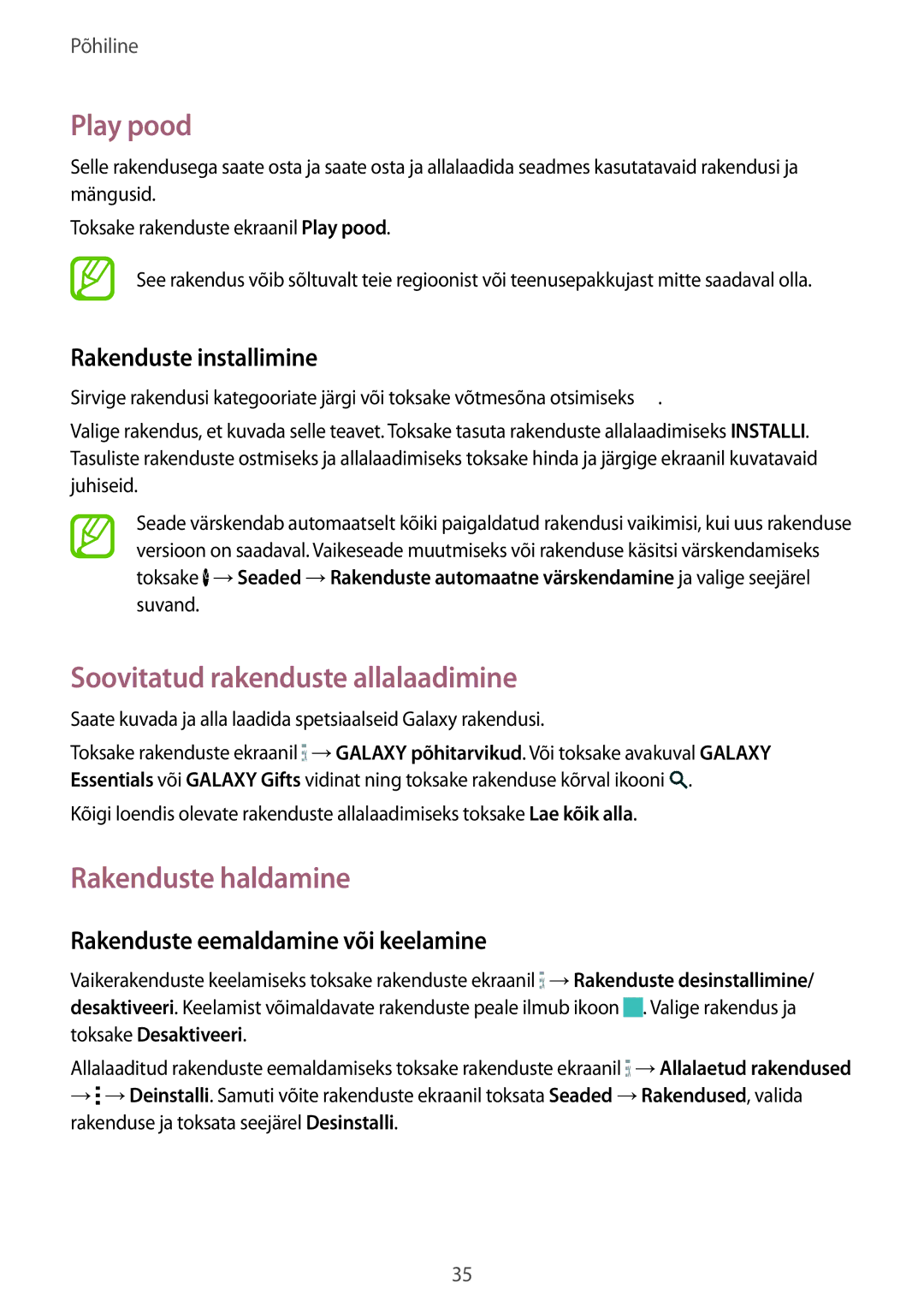 Samsung SM-G900FZBASEB manual Play pood, Soovitatud rakenduste allalaadimine, Rakenduste haldamine, Rakenduste installimine 