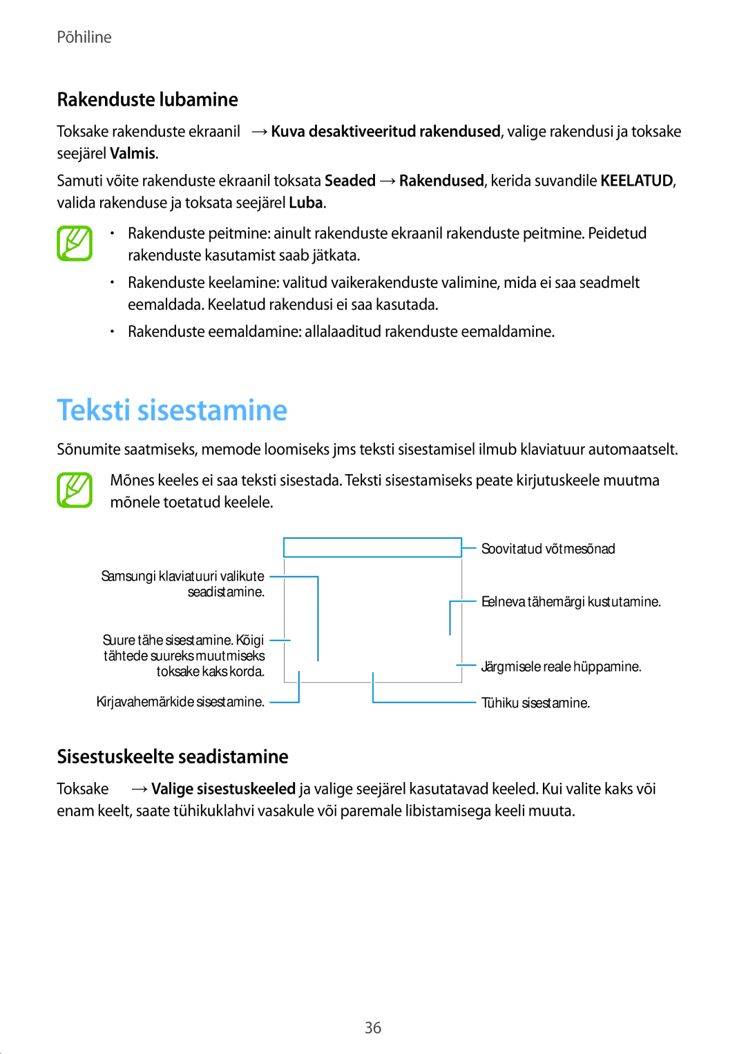 Samsung SM-G900FZDASEB, SM-G900FZWASEB, SM-G900FZKASEB Teksti sisestamine, Rakenduste lubamine, Sisestuskeelte seadistamine 