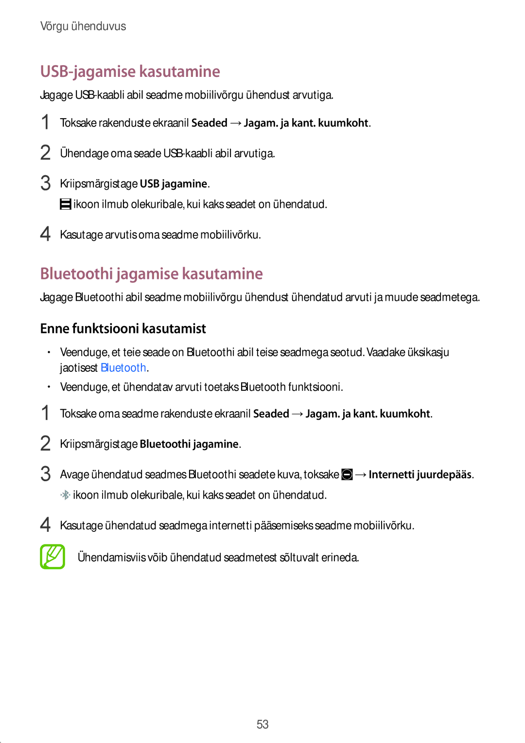 Samsung SM-G900FZWASEB manual USB-jagamise kasutamine, Bluetoothi jagamise kasutamine, Kriipsmärgistage Bluetoothi jagamine 