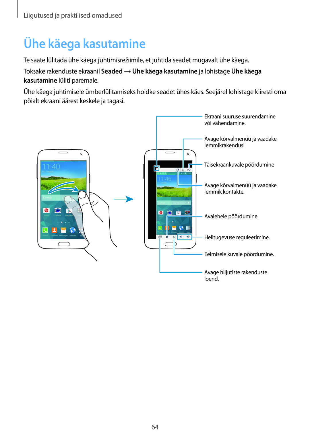 Samsung SM-G900FZDASEB, SM-G900FZWASEB, SM-G900FZKASEB, SM-G900FZBASEB manual Ühe käega kasutamine 