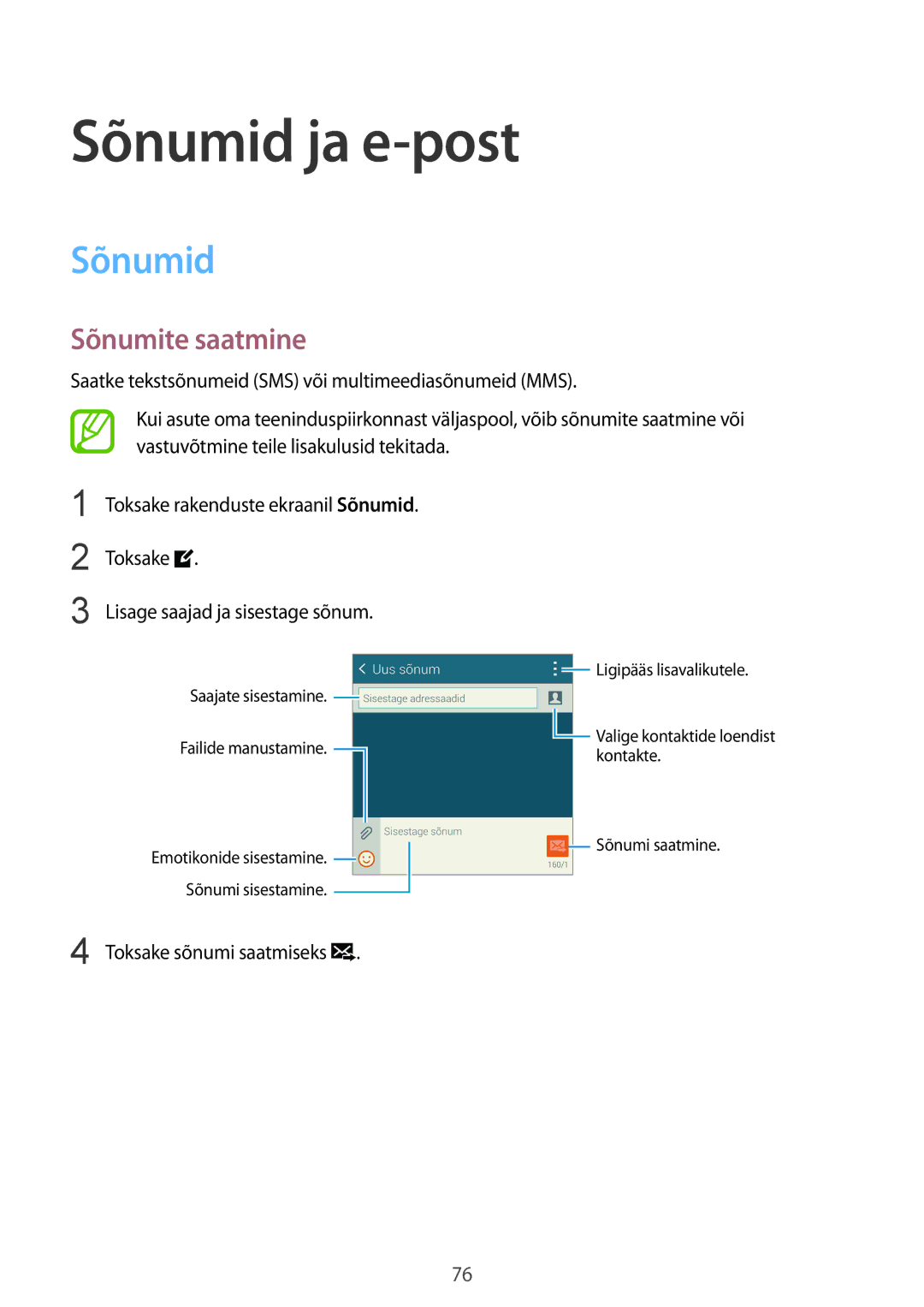 Samsung SM-G900FZDASEB, SM-G900FZWASEB, SM-G900FZKASEB manual Sõnumid ja e-post, Sõnumite saatmine, Toksake sõnumi saatmiseks 