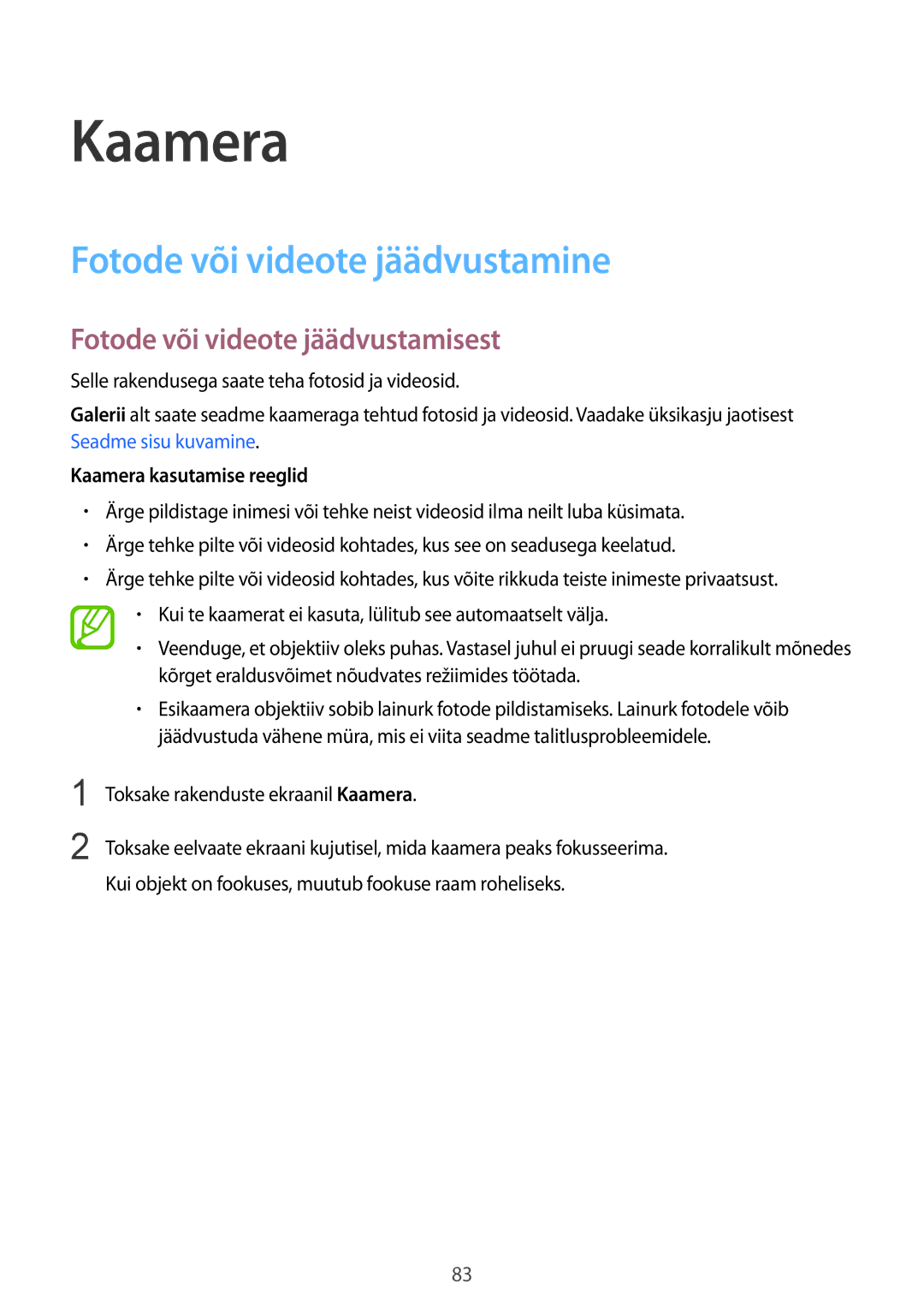 Samsung SM-G900FZBASEB, SM-G900FZDASEB manual Kaamera, Fotode või videote jäädvustamine, Fotode või videote jäädvustamisest 