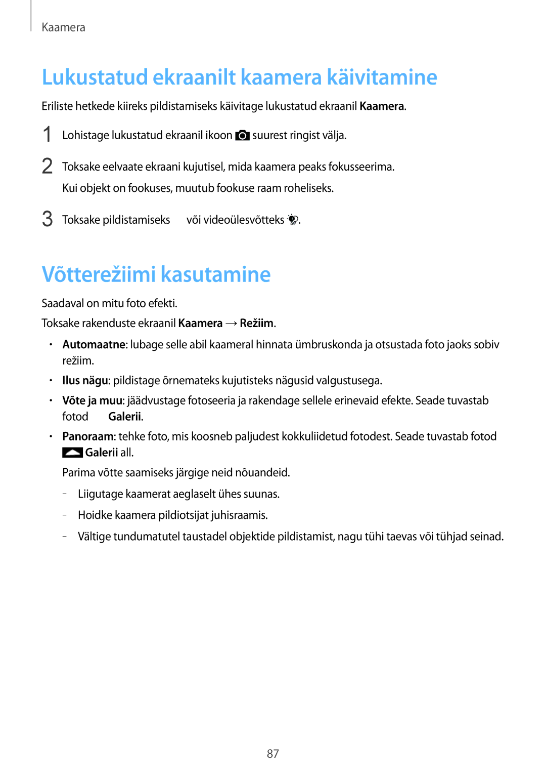 Samsung SM-G900FZBASEB, SM-G900FZDASEB manual Lukustatud ekraanilt kaamera käivitamine, Võtterežiimi kasutamine, Galerii all 