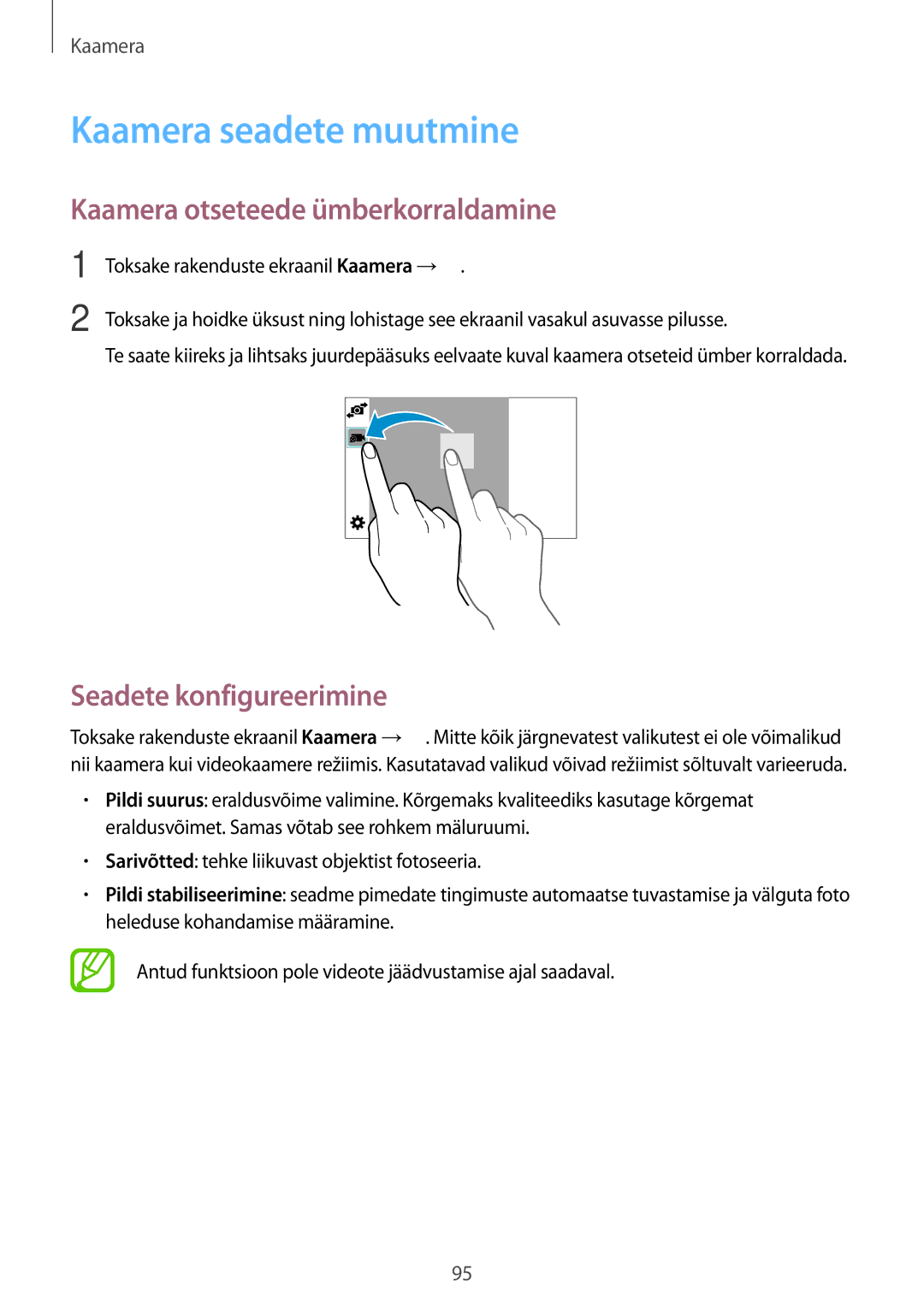 Samsung SM-G900FZBASEB manual Kaamera seadete muutmine, Kaamera otseteede ümberkorraldamine, Seadete konfigureerimine 