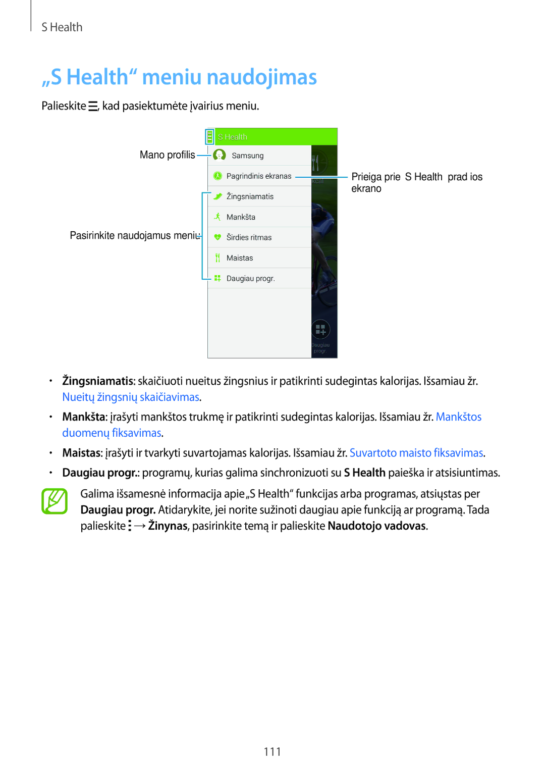 Samsung SM-G900FZBASEB, SM-G900FZDASEB manual „S Health meniu naudojimas, Palieskite , kad pasiektumėte įvairius meniu 