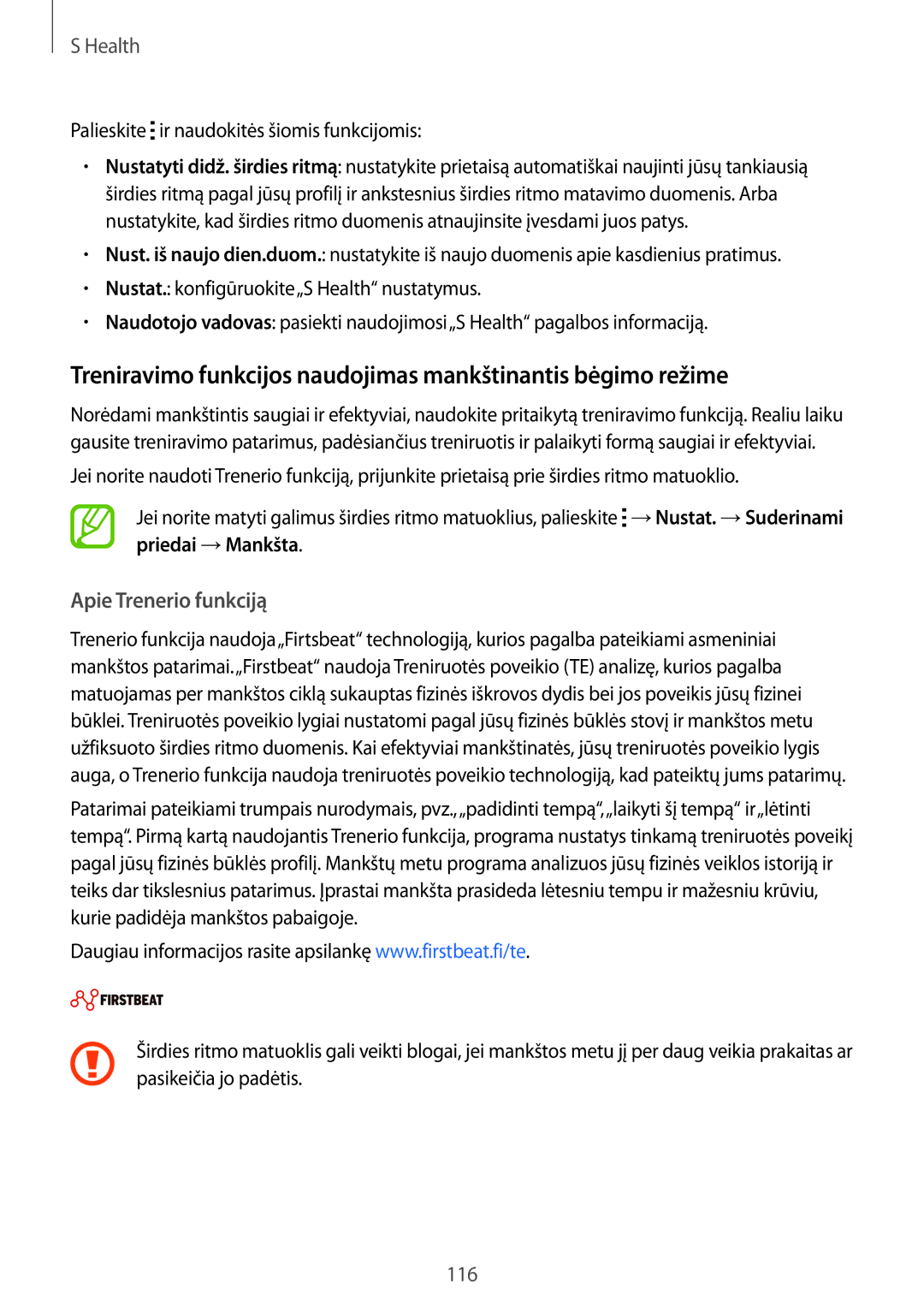 Samsung SM-G900FZDASEB, SM-G900FZWASEB, SM-G900FZKASEB manual Treniravimo funkcijos naudojimas mankštinantis bėgimo režime 
