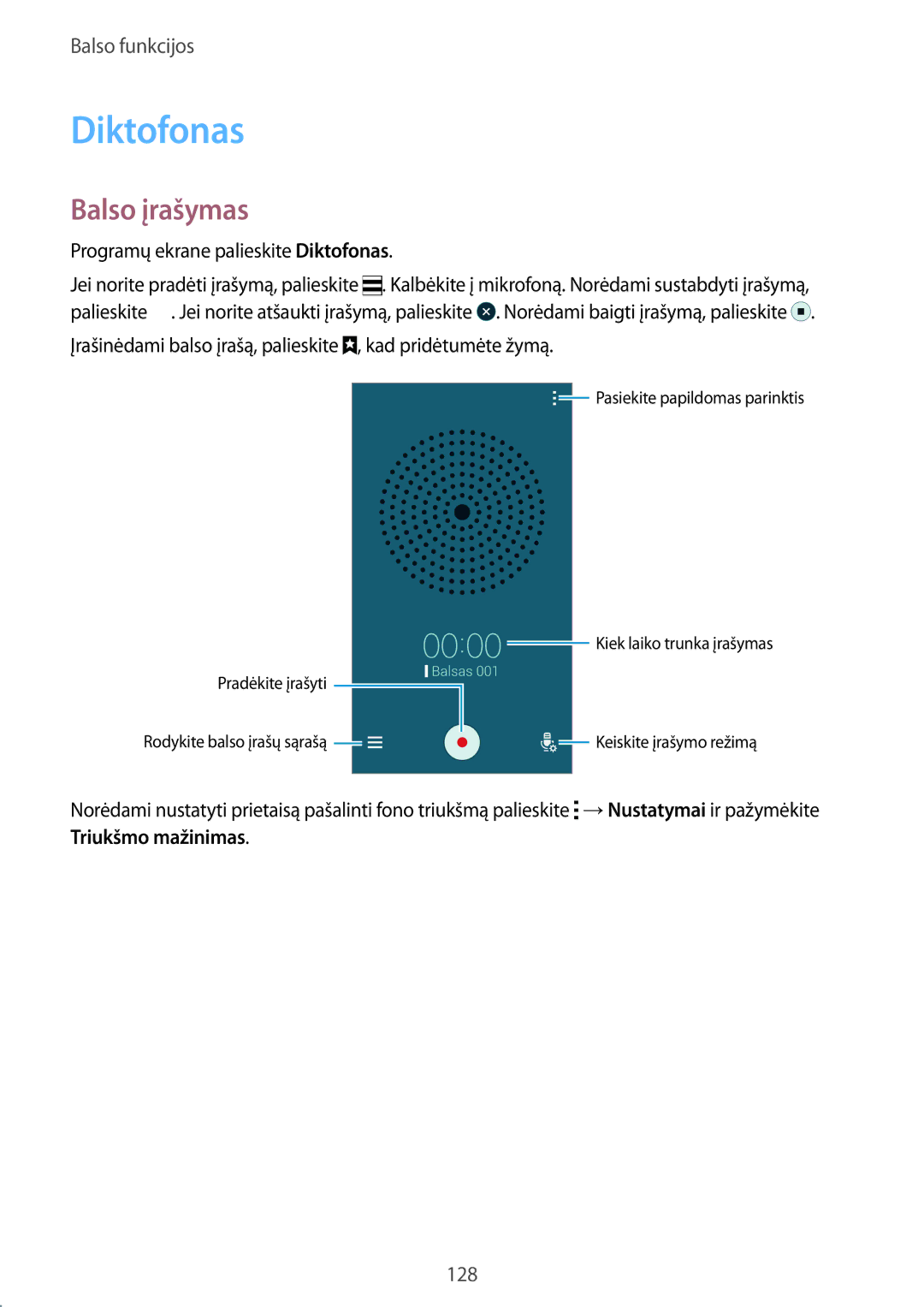 Samsung SM-G900FZDASEB, SM-G900FZWASEB, SM-G900FZKASEB manual Balso įrašymas, Programų ekrane palieskite Diktofonas 