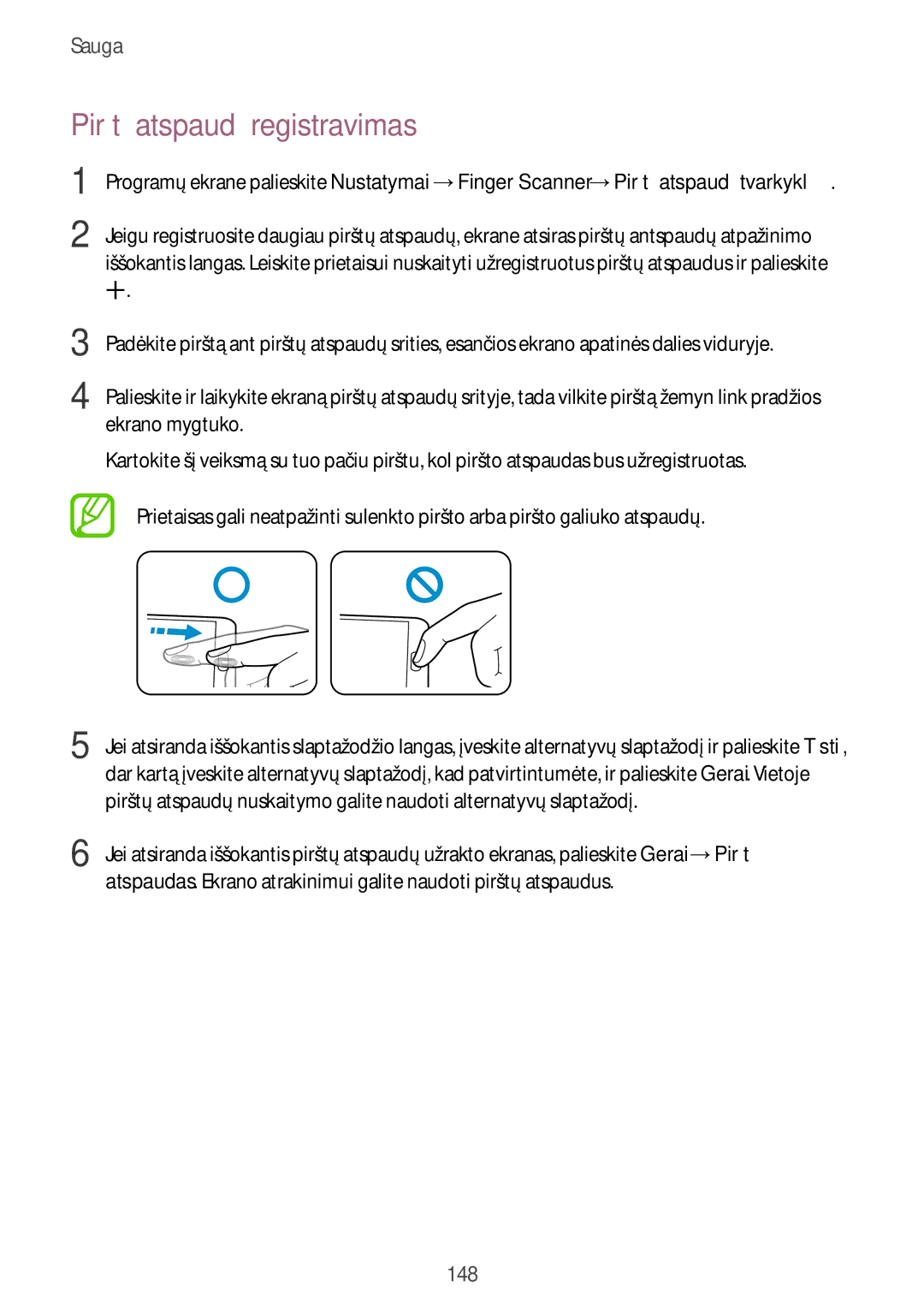 Samsung SM-G900FZDASEB, SM-G900FZWASEB, SM-G900FZKASEB, SM-G900FZBASEB manual Pirštų atspaudų registravimas 