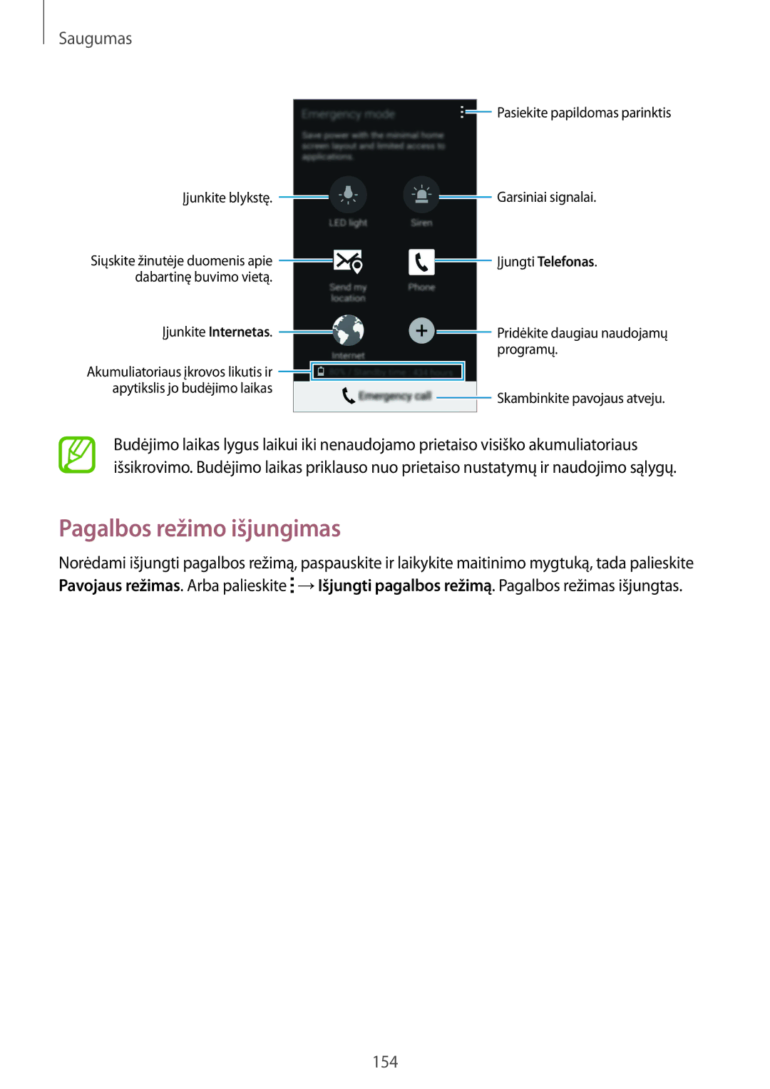 Samsung SM-G900FZKASEB, SM-G900FZDASEB, SM-G900FZWASEB, SM-G900FZBASEB manual Pagalbos režimo išjungimas, Saugumas 