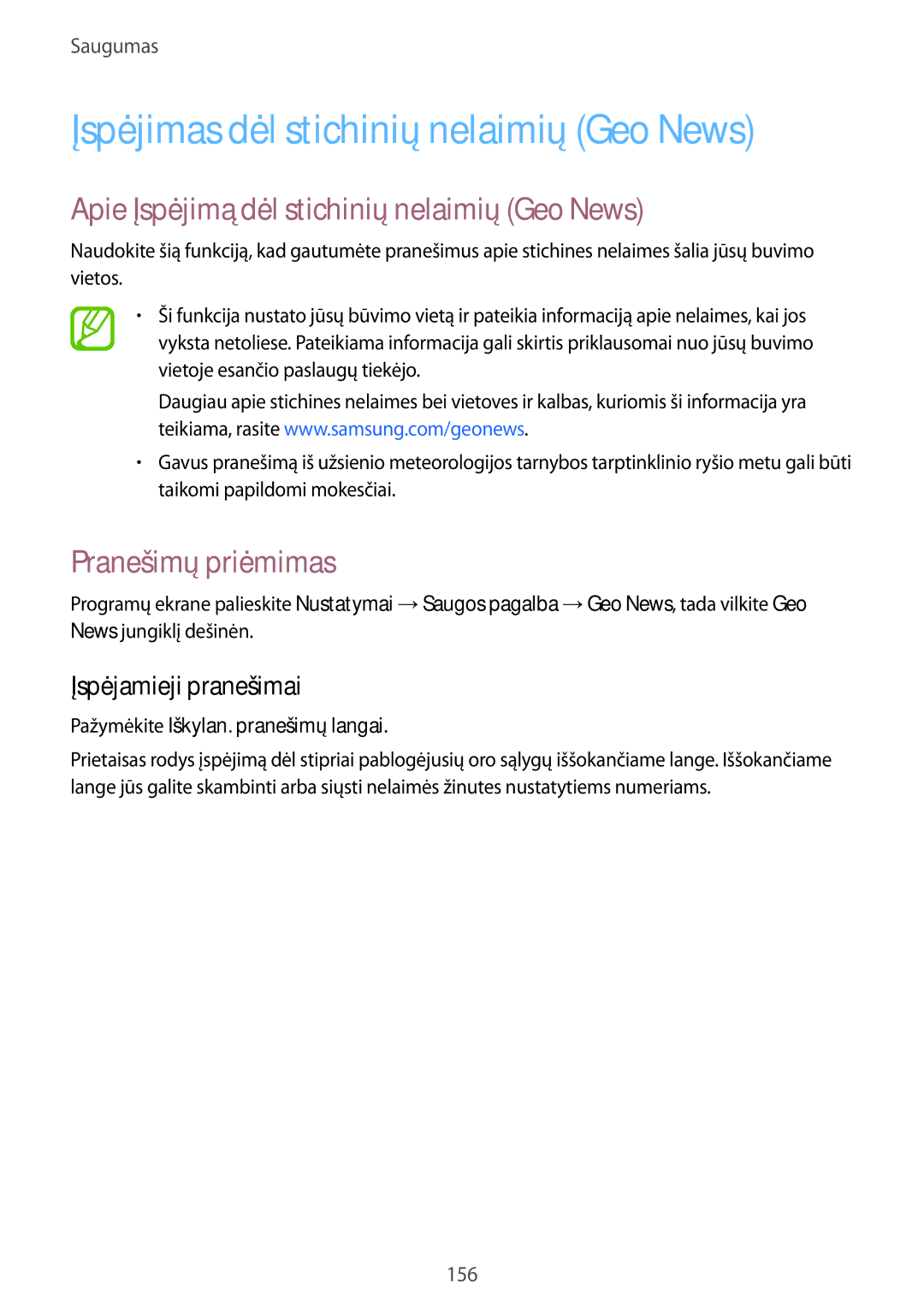 Samsung SM-G900FZDASEB manual Įspėjimas dėl stichinių nelaimių Geo News, Apie Įspėjimą dėl stichinių nelaimių Geo News 