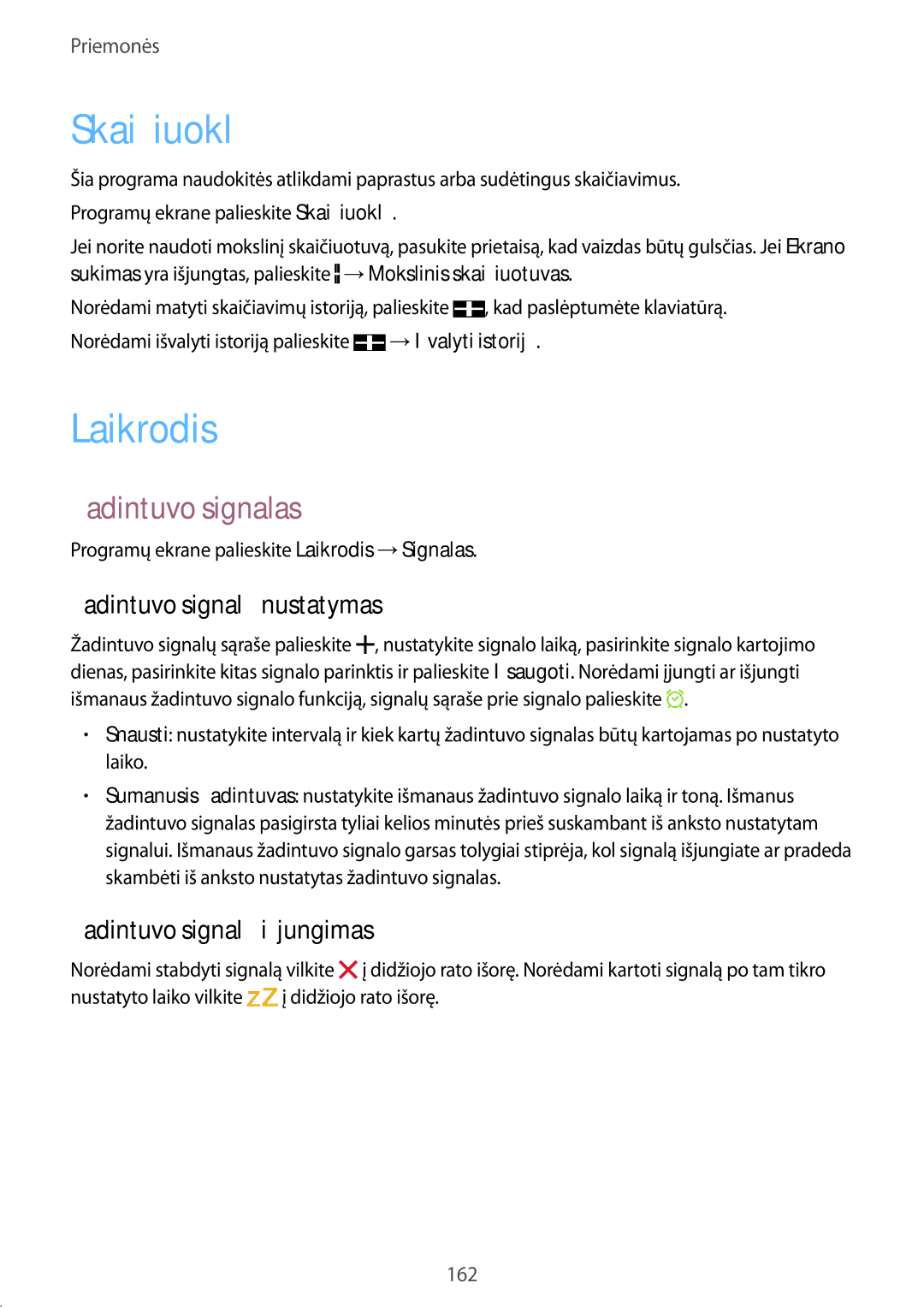 Samsung SM-G900FZKASEB, SM-G900FZDASEB manual Skaičiuoklė, Laikrodis, Žadintuvo signalas, Žadintuvo signalų nustatymas 