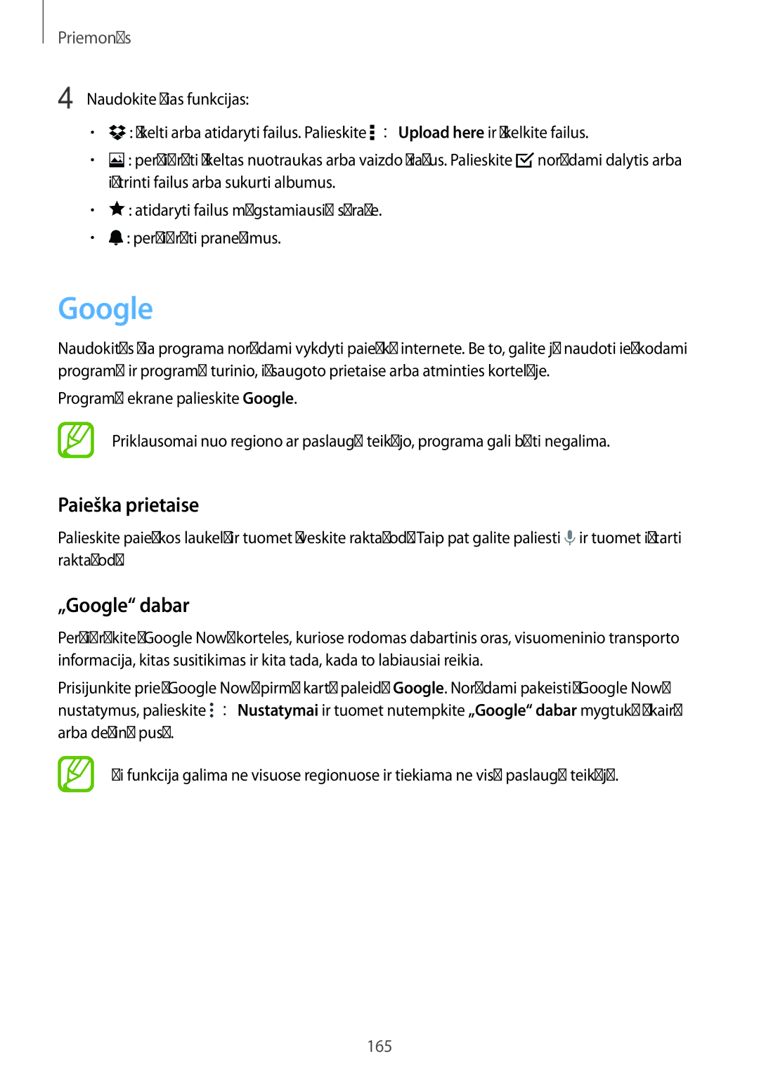 Samsung SM-G900FZWASEB, SM-G900FZDASEB, SM-G900FZKASEB, SM-G900FZBASEB manual Paieška prietaise, „Google dabar 