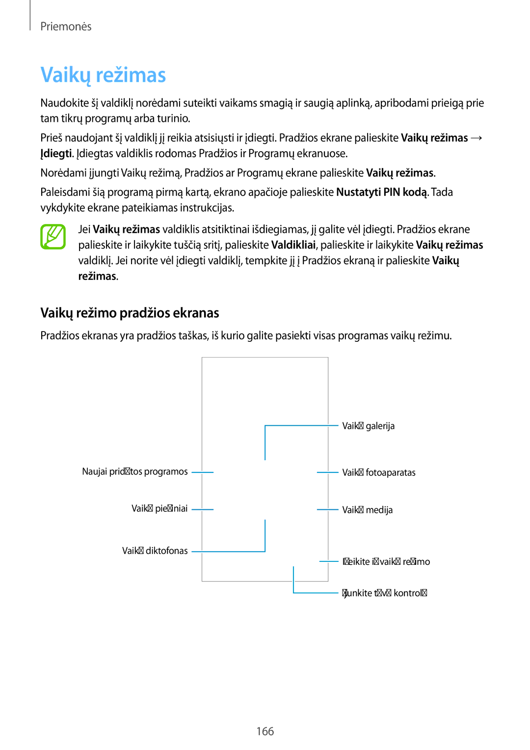 Samsung SM-G900FZKASEB, SM-G900FZDASEB, SM-G900FZWASEB, SM-G900FZBASEB manual Vaikų režimas, Vaikų režimo pradžios ekranas 