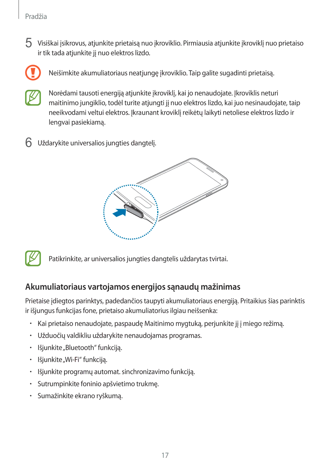 Samsung SM-G900FZWASEB, SM-G900FZDASEB, SM-G900FZKASEB manual Akumuliatoriaus vartojamos energijos sąnaudų mažinimas 