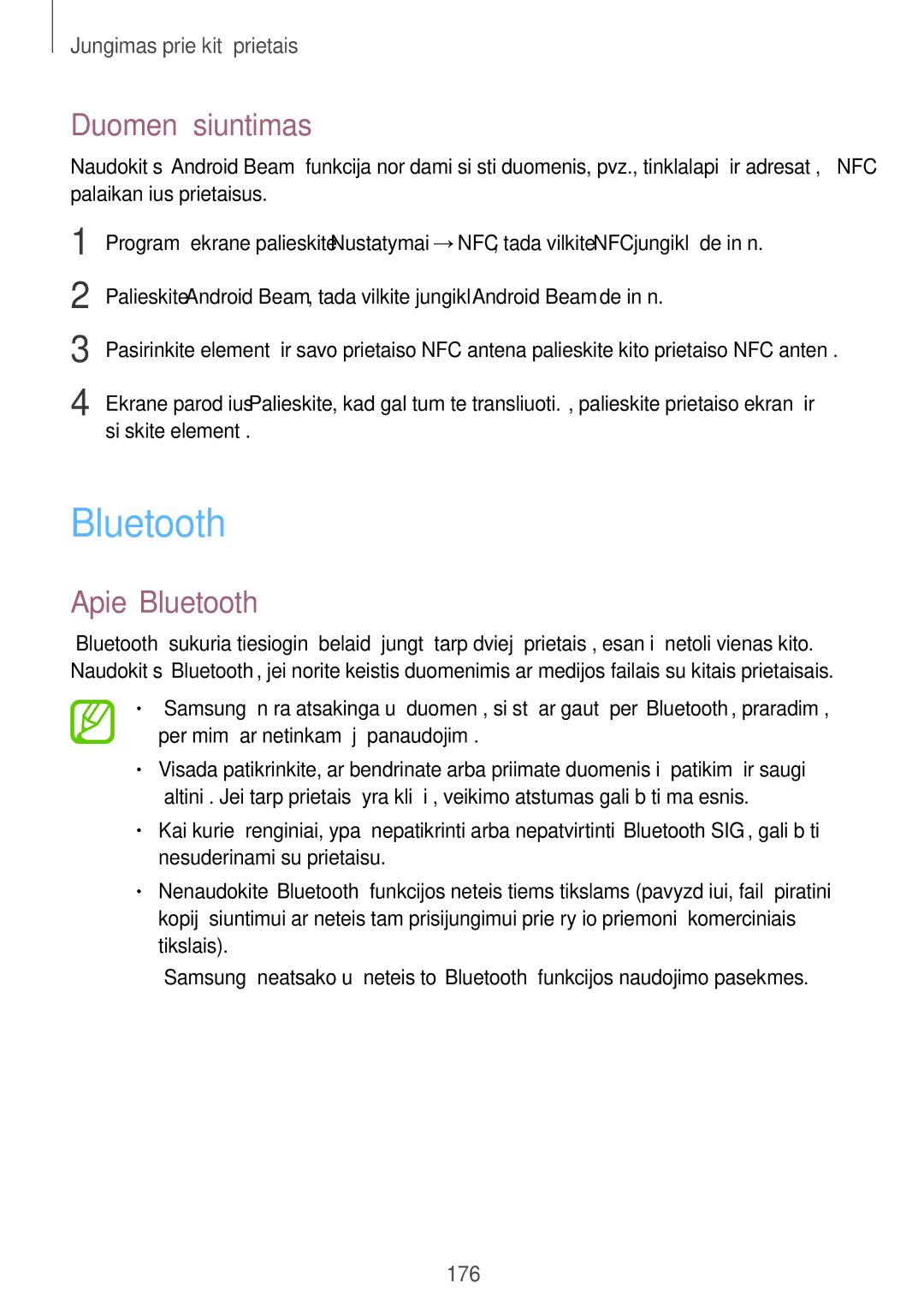 Samsung SM-G900FZDASEB, SM-G900FZWASEB, SM-G900FZKASEB, SM-G900FZBASEB manual Duomenų siuntimas, Apie„Bluetooth 