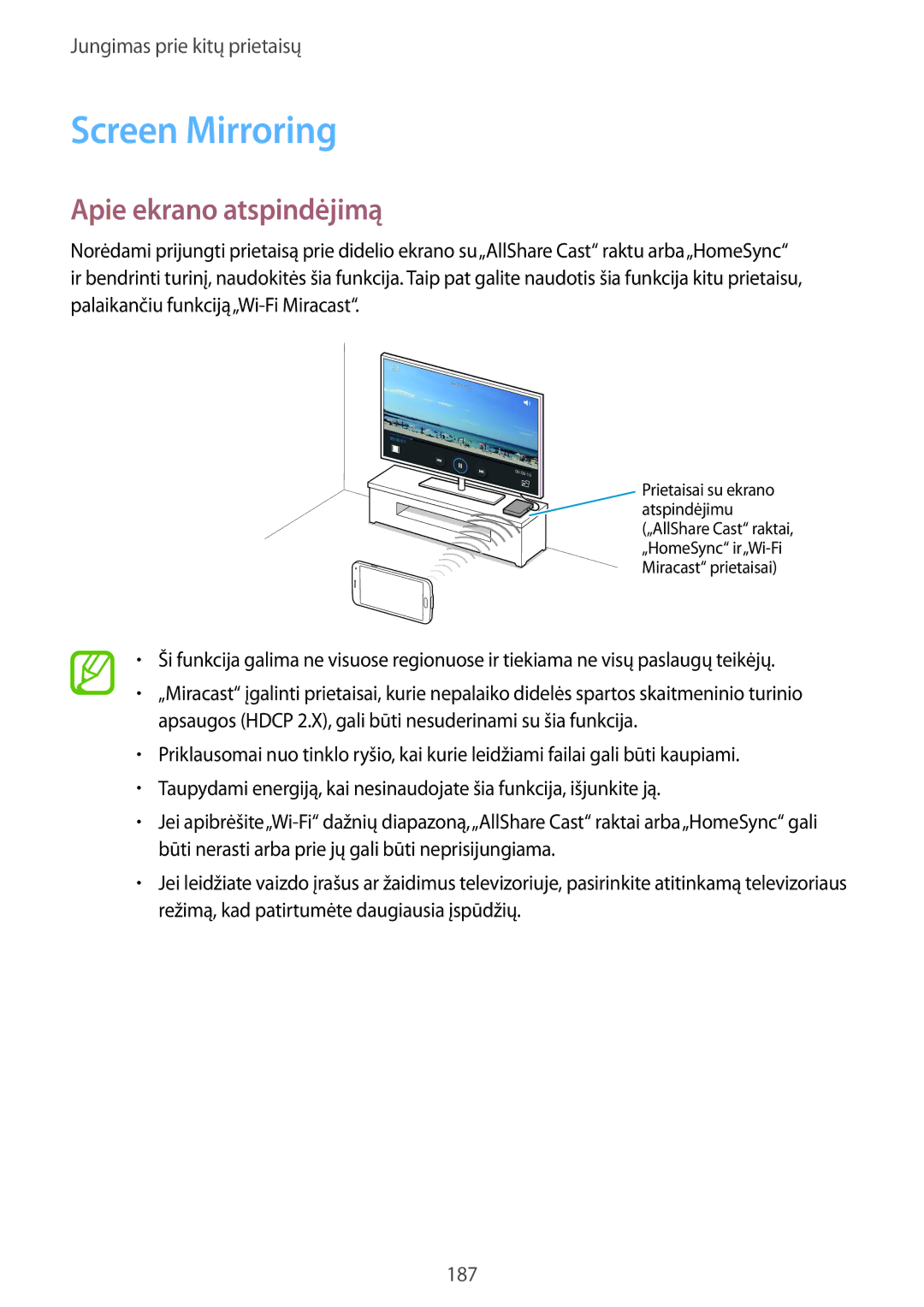 Samsung SM-G900FZBASEB, SM-G900FZDASEB, SM-G900FZWASEB, SM-G900FZKASEB manual Screen Mirroring, Apie ekrano atspindėjimą 