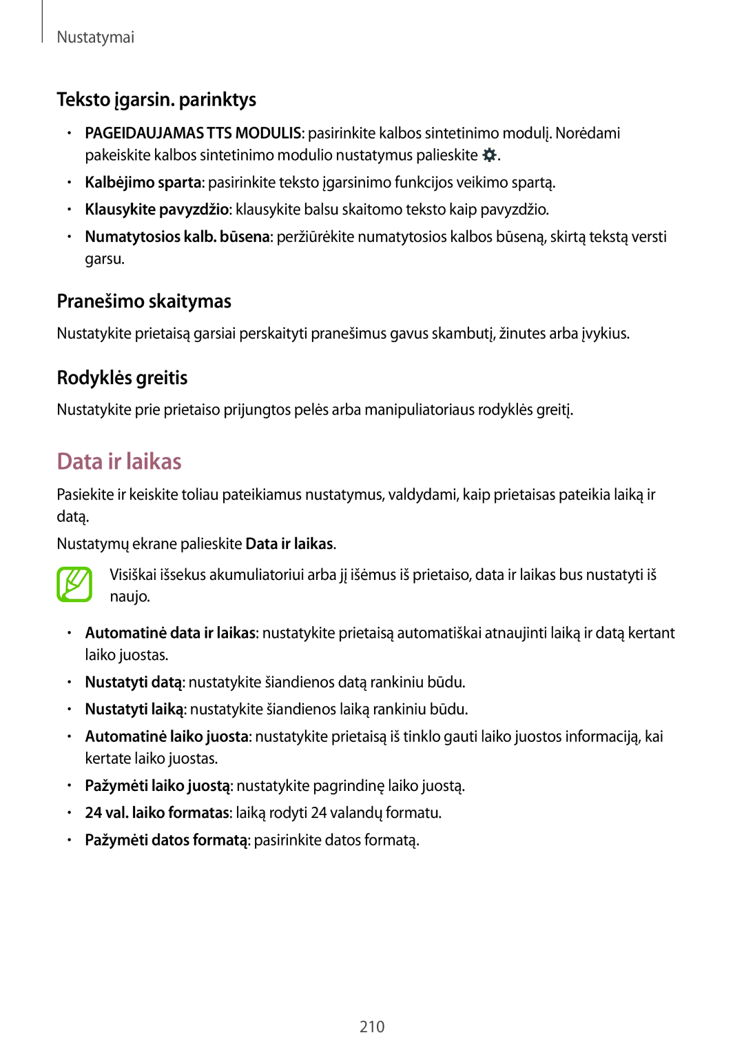 Samsung SM-G900FZKASEB, SM-G900FZDASEB Data ir laikas, Teksto įgarsin. parinktys, Pranešimo skaitymas, Rodyklės greitis 